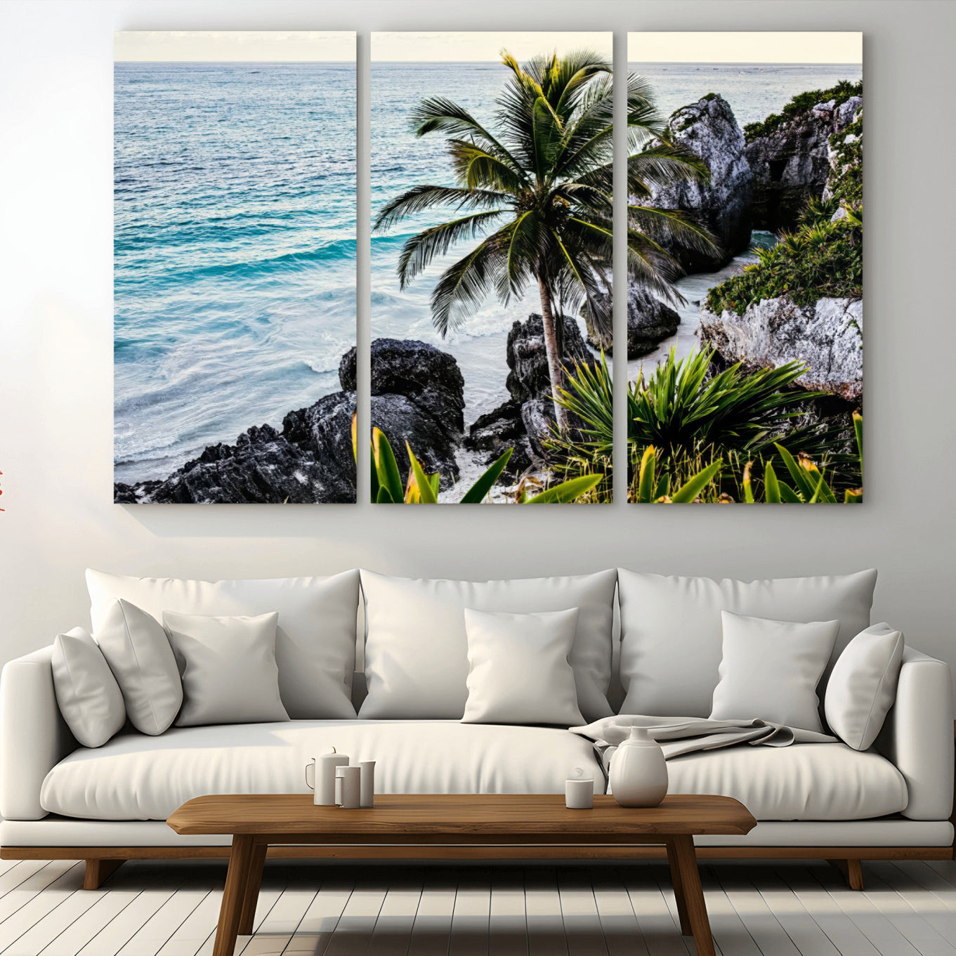 94669907-MGV-CV-36X24 - Tropical Palm Wall Art – Coastal Rocks Canvas Print, Ocean Breeze, Sandy Shore, Vibrant Green Foliage for Living Room or Beach House Decor