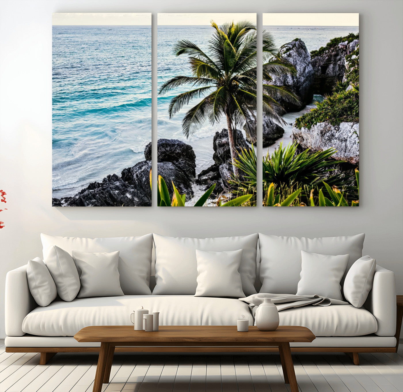 94669907-MGV-CV-36X24 - Tropical Palm Wall Art – Coastal Rocks Canvas Print, Ocean Breeze, Sandy Shore, Vibrant Green Foliage for Living Room or Beach House Decor