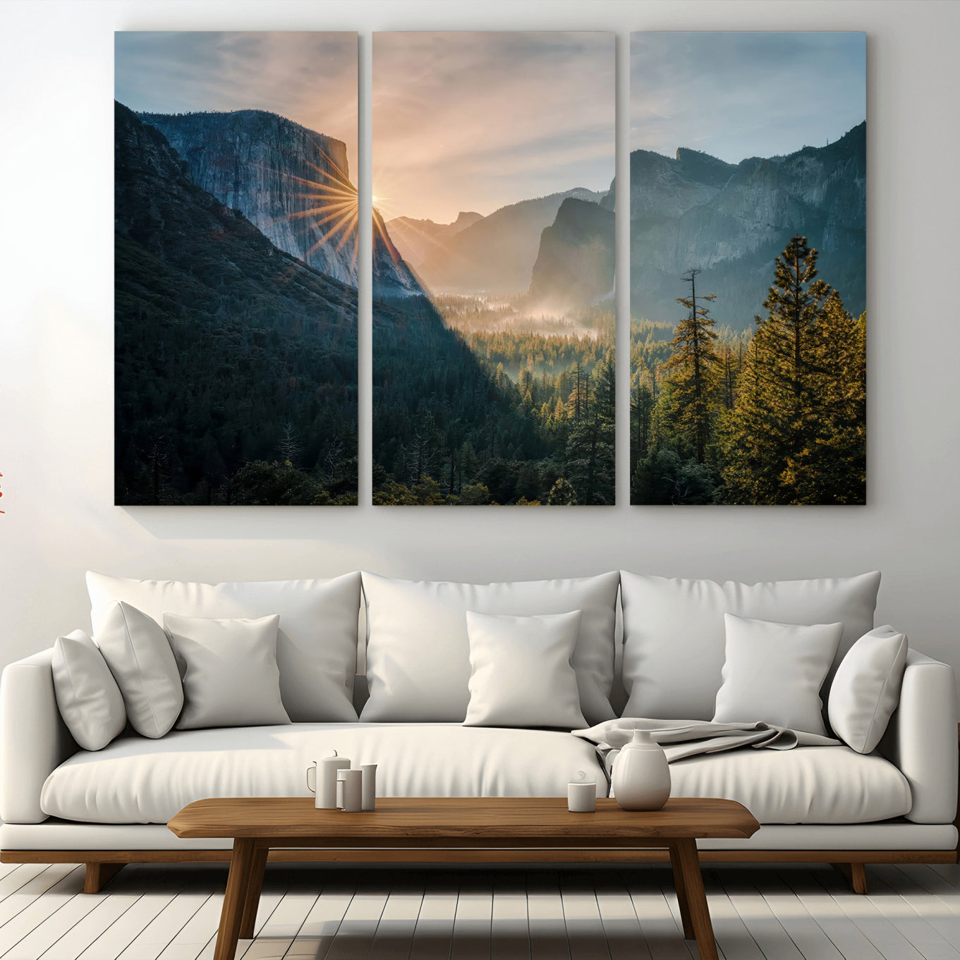 51605481-MGV-CV-36X24 - Yosemite Valley Wall Art – Misty Forest Peaks Canvas Print, Radiant Light, Tranquil Nature Landscape for Living Room or Cabin Decor