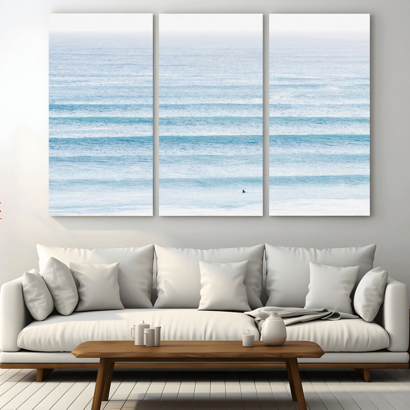 77145995-MGV-CV-36X24-Ocean Wave Surfer Wall Art – Framed Minimal Seascape Canvas Artwork, Calm Blue Water Design, Coastal Decor for Home, Office