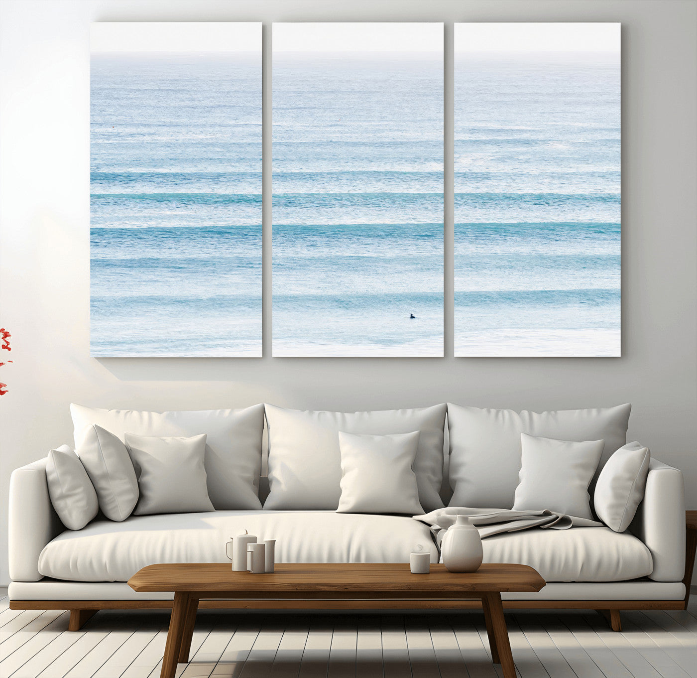 77145995-MGV-CV-36X24-Ocean Wave Surfer Wall Art – Framed Minimal Seascape Canvas Artwork, Calm Blue Water Design, Coastal Decor for Home, Office