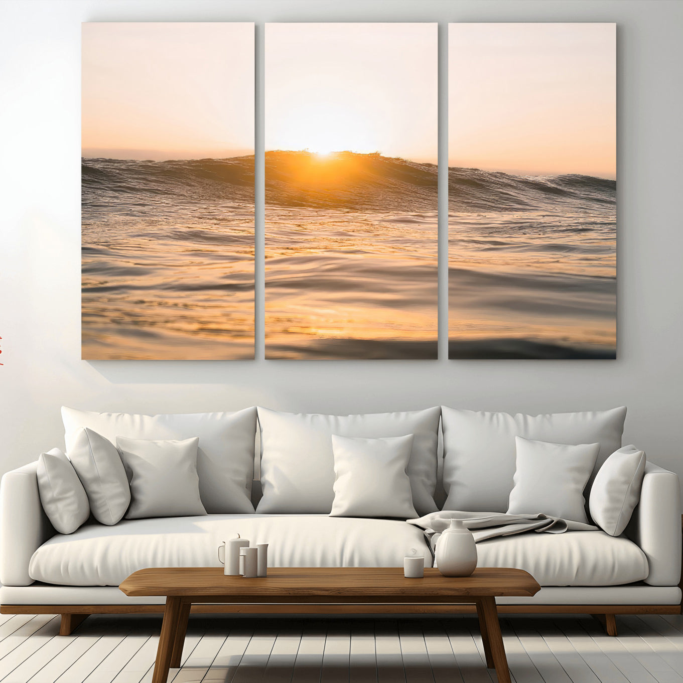 16973771-MGV-CV-36X24-Calm Water Wall Art – Framed Sunset Waves Canvas Artwork, Coastal Warm Design, Minimal Ocean Decor for Home, Office