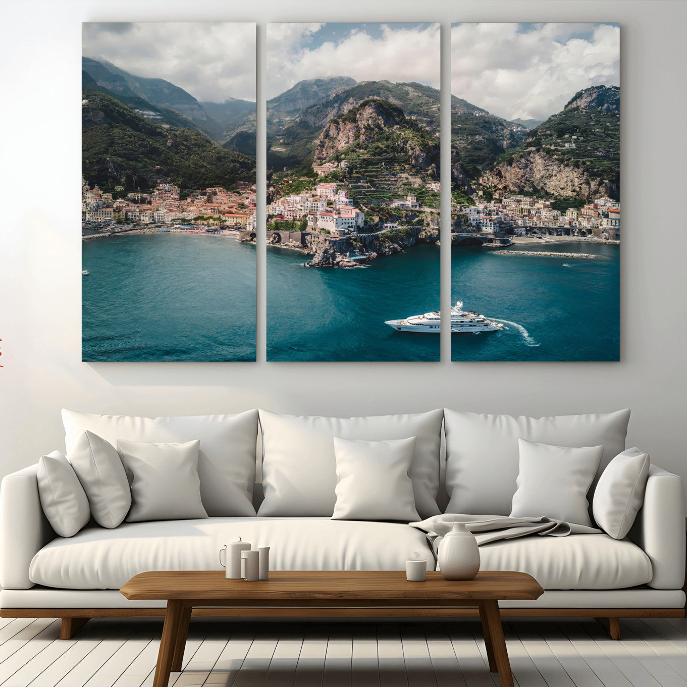 20321590-MGV-CV-36X24-Amalfi Coast Wall Art – Framed Italian Seaside Canvas Artwork, Mediterranean Landscape Design, Coastal Decor for Home, Office