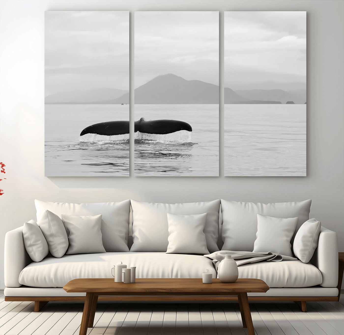 MGV-CV-48X32-3P - Whale Tail Wall Art Canvas Print, Framed Black White Ocean Art Picture Print, Calm Marine Perfect Minimalist Coastal Decor Artwork