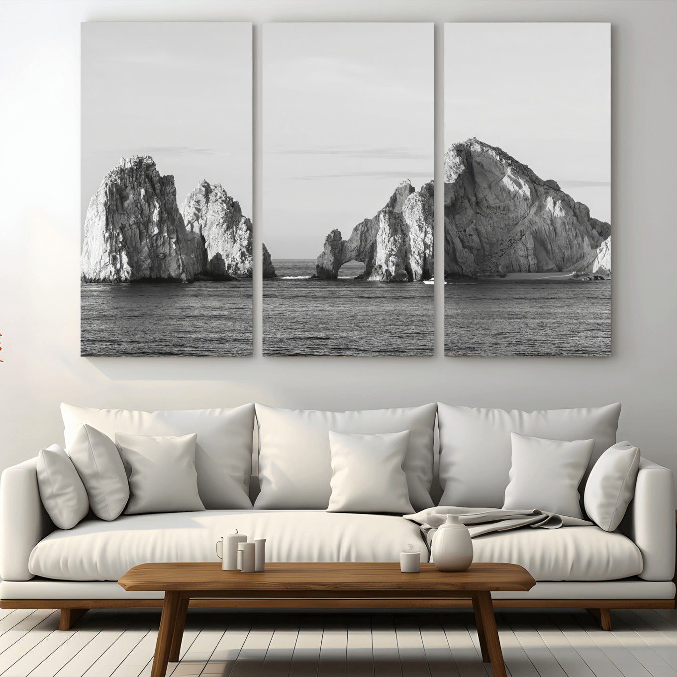 MGV-CV-48X32-3P - Rugged Coastline Wall Art Canvas Print, Framed Ocean Cliffs Art Picture Print, Monochrome Seascape Perfect Coastal Minimalist Decor Artwork