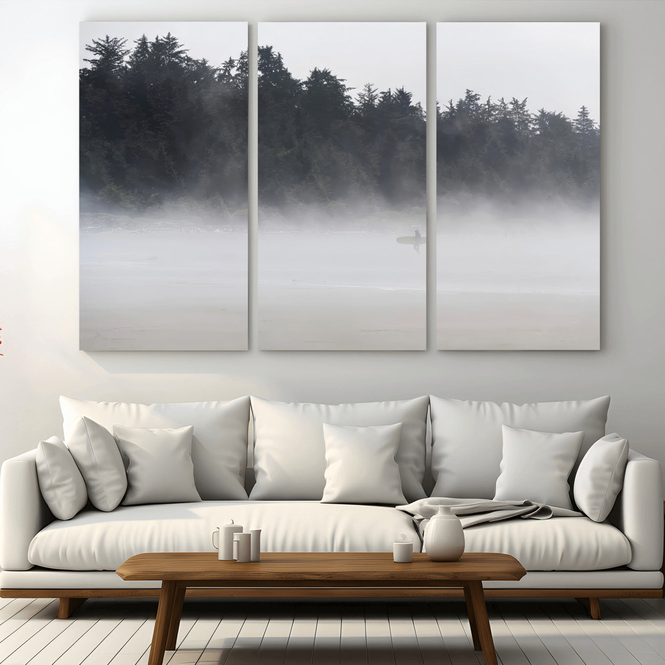 59703275-MGV-CV-48X32-3P-Surfer Fog Wall Art Canvas Print – Framed Foggy Beach Scene with Coastal Surf Artwork for Home, Office, Living Room