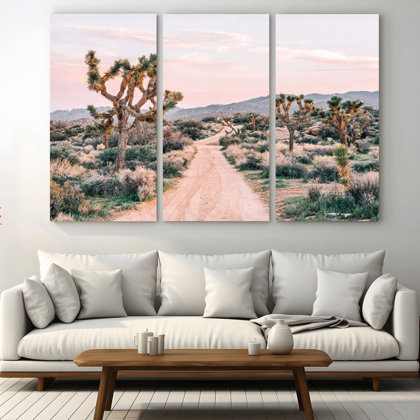 MGV-CV-48X32-3P - Desert Trail Wall Art – Canvas Print of Joshua Trees & Sunset Glow, Sandy Path Wilderness, Scenic Nature Escape Decor for Living Room, Office or Bedroom