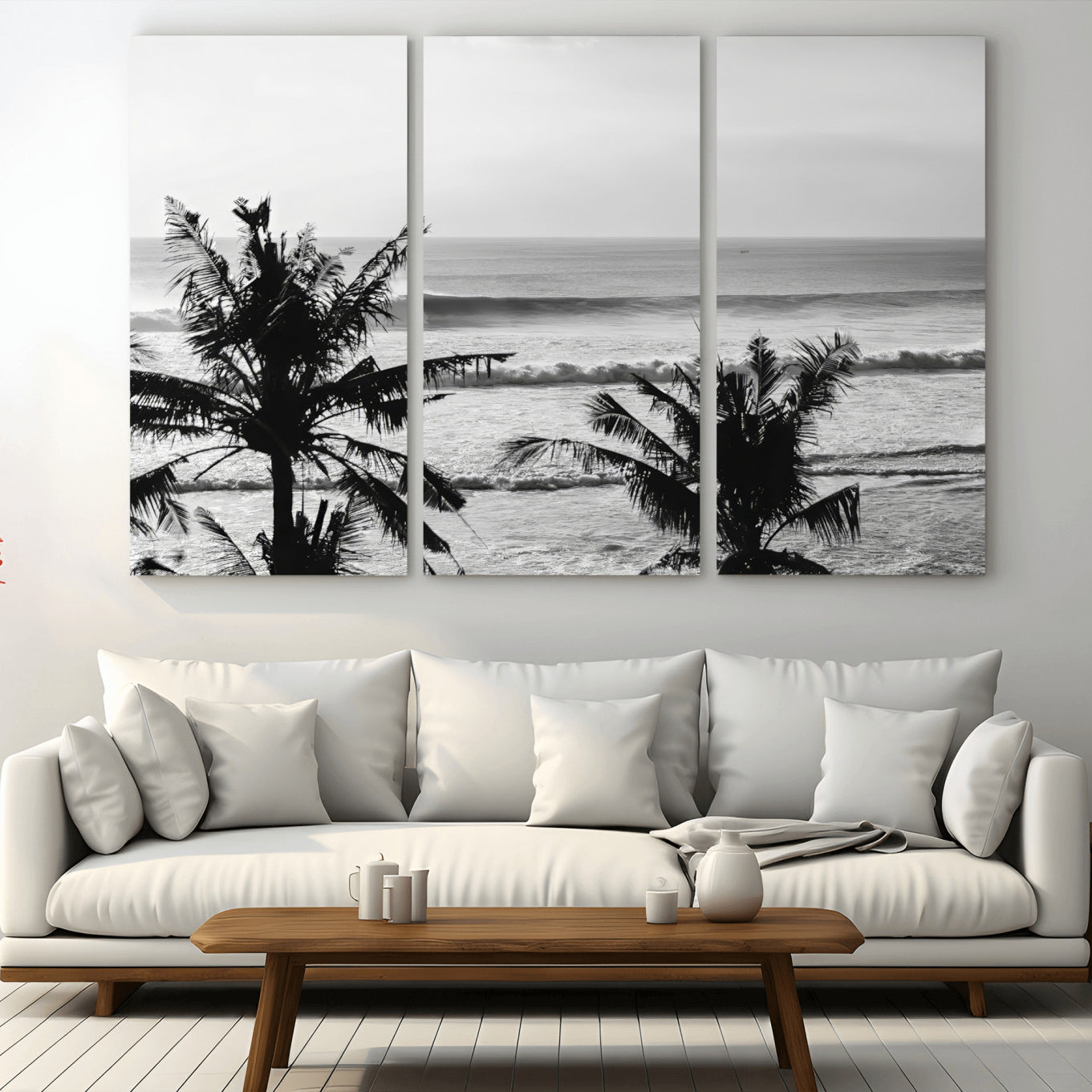 17508038-MGV-CV-36X24-Tropical Coastline Wall Art Canvas Print – Framed Palm Trees Scene with Ocean Waves Artwork for Home, Office