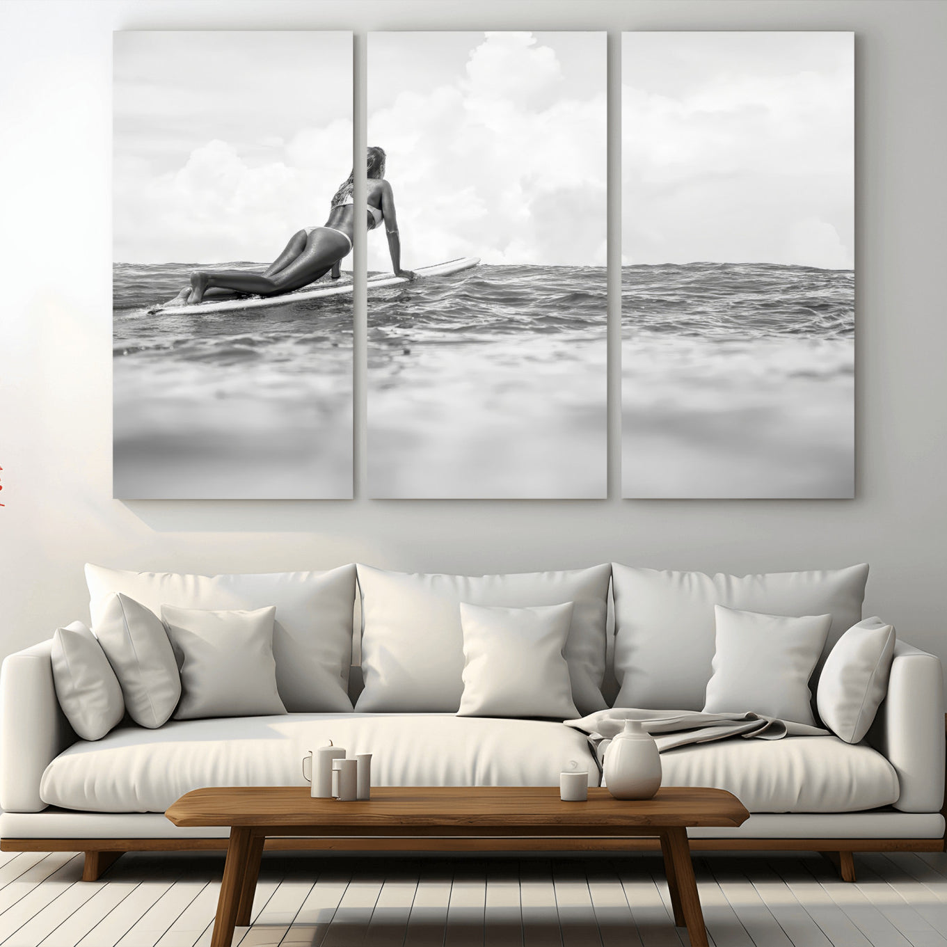 69798068-MGV-CV-36X24-Black and White Surfing Wall Art Canvas Print – Framed Ocean Horizon with Surfer Girl Coastal Adventure Artwork for Home, Office