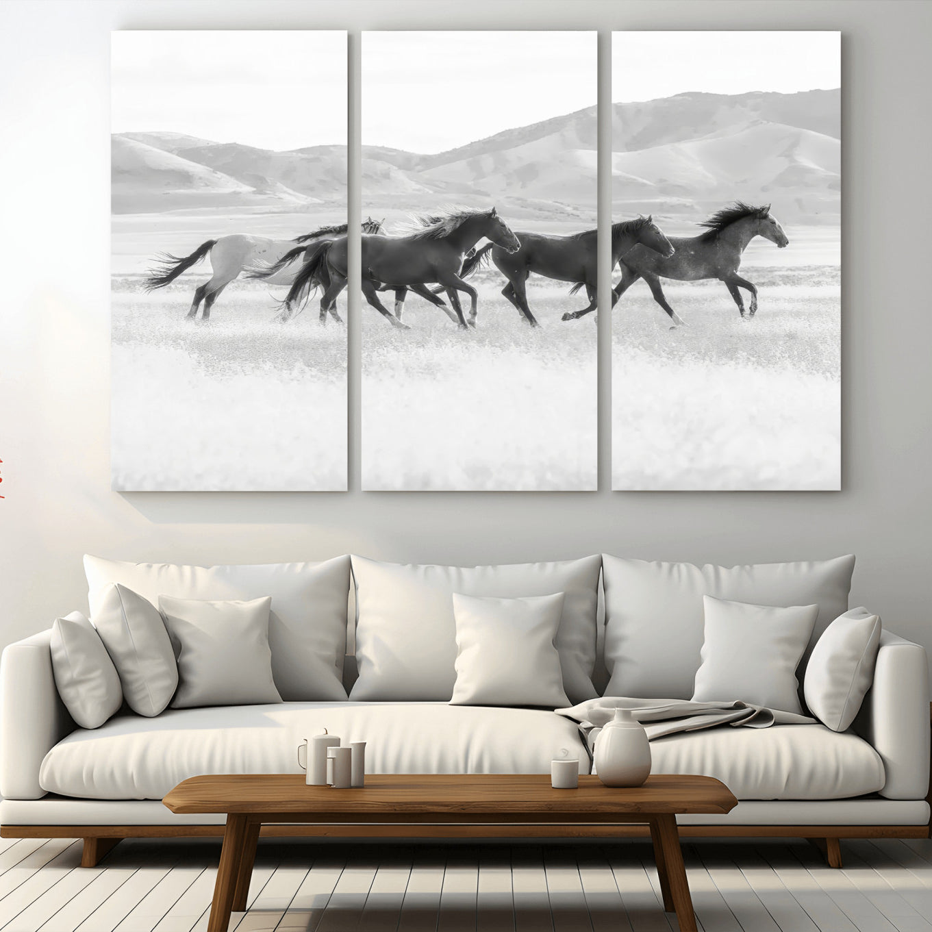 MGV-CV-48X32-3P - Wild Horses Wall Art – Black & White Canvas Print of Herd Running, Nature in Motion, Freedom & Beauty Decor for Guest Room, Office or Living Room