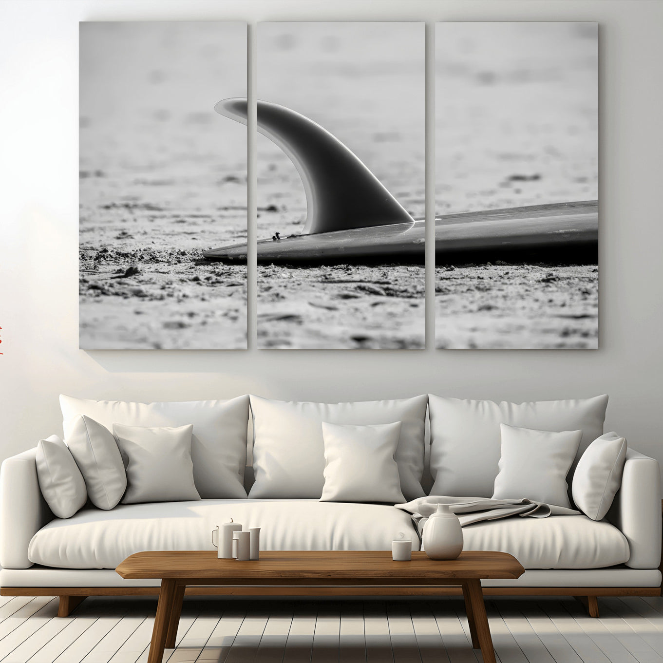 MGV-CV-48X32-3P - Black White Surfboard Wall Art Canvas Print, Framed Minimalist Beach Art Picture Print, Surf Fin Perfect Minimalist Coastal Decor Artwork