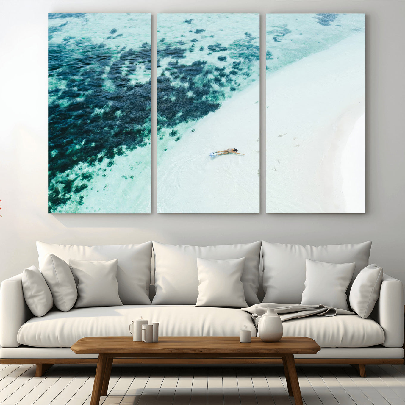 33764764-MGV-CV-36X24-Minimal Beach Wall Art – Framed Ocean Swimming Canvas Artwork, Clear Blue Sea Design, Modern Coastal Decor for Home, Office