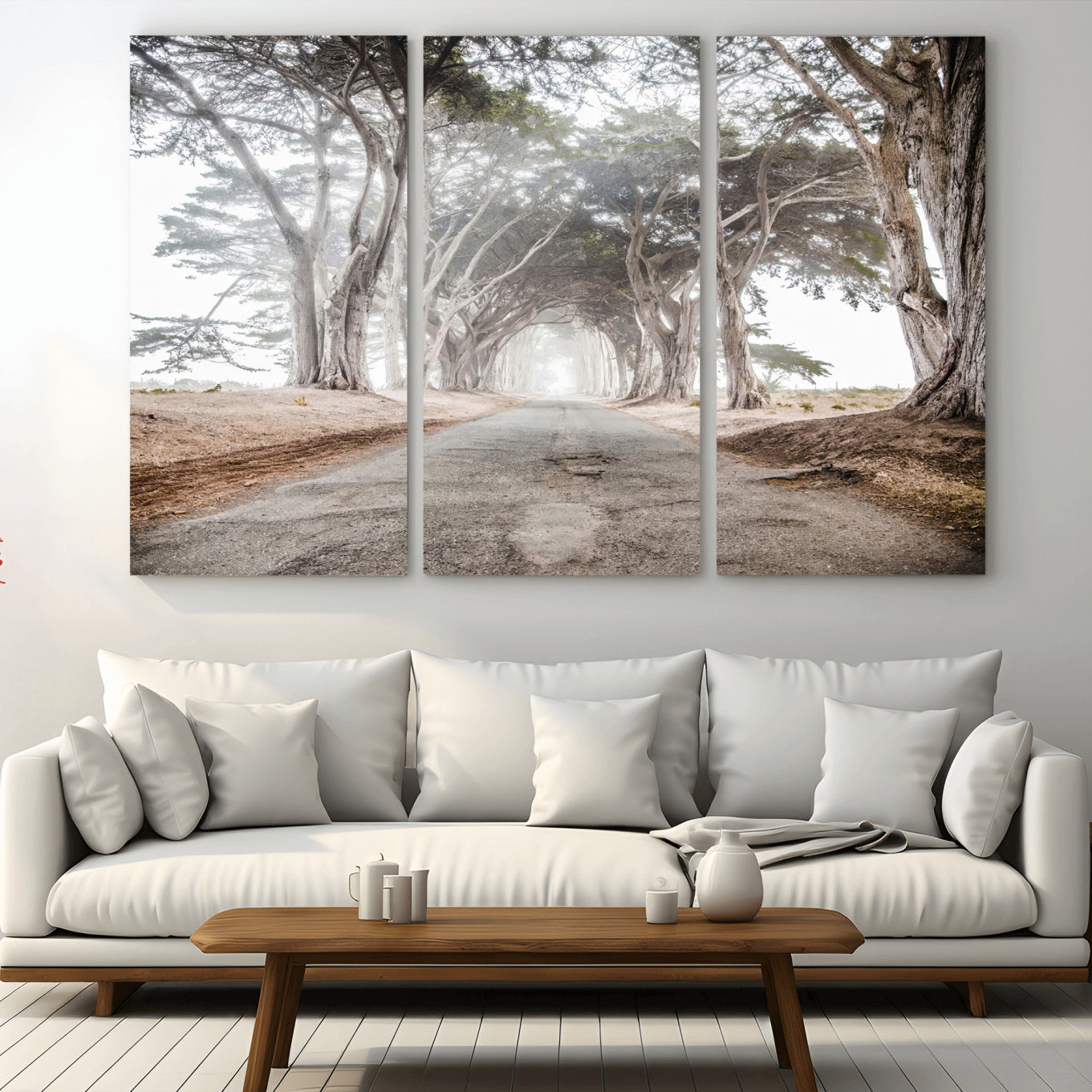 87090469-MGV-CV-36X24-Cypress Tunnel Wall Art – Framed Misty Road Canvas Artwork, Foggy Trees Design, Rustic Woodland Nature Decor for Home, Office