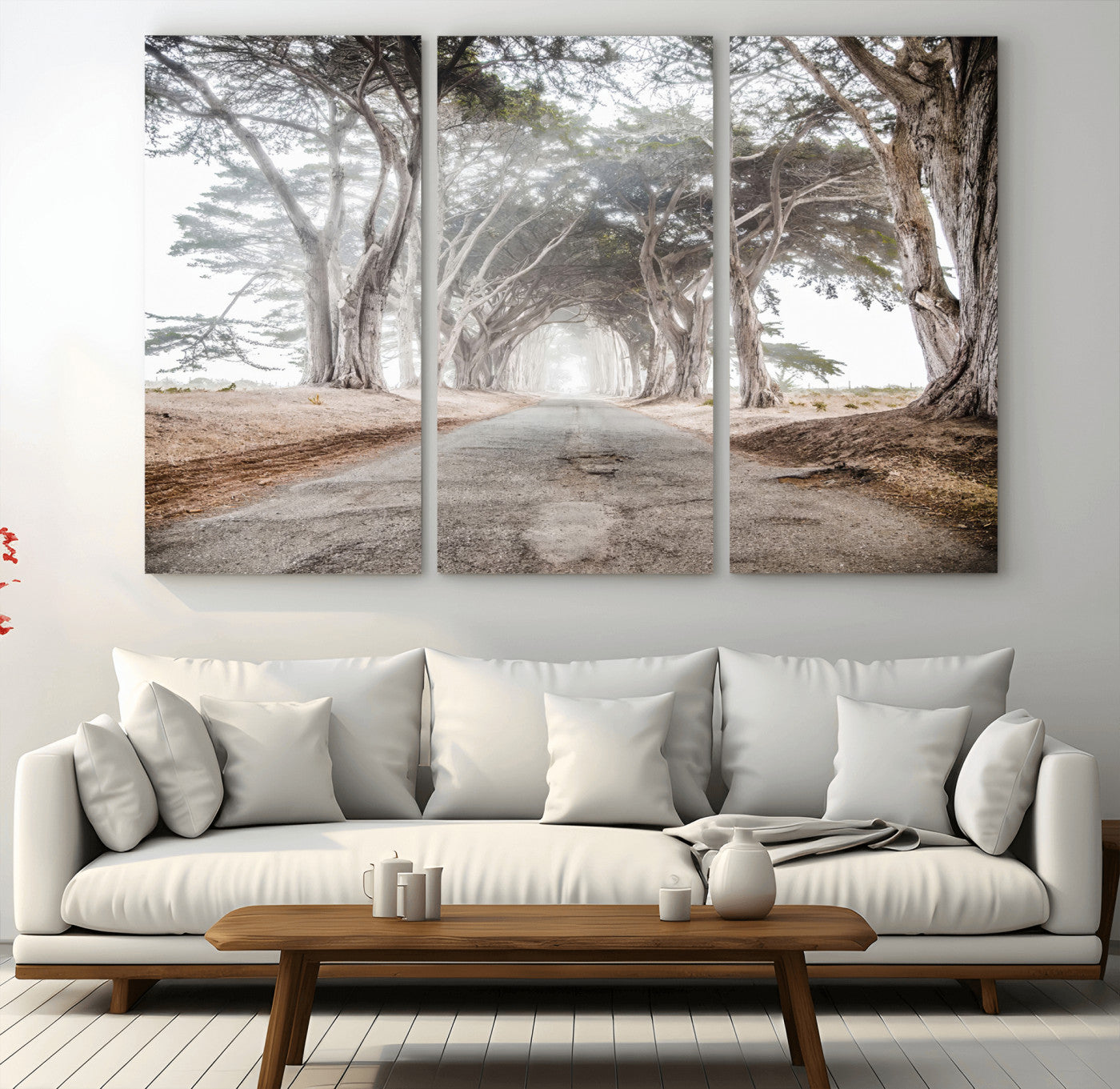 87090469-MGV-CV-36X24-Cypress Tunnel Wall Art – Framed Misty Road Canvas Artwork, Foggy Trees Design, Rustic Woodland Nature Decor for Home, Office