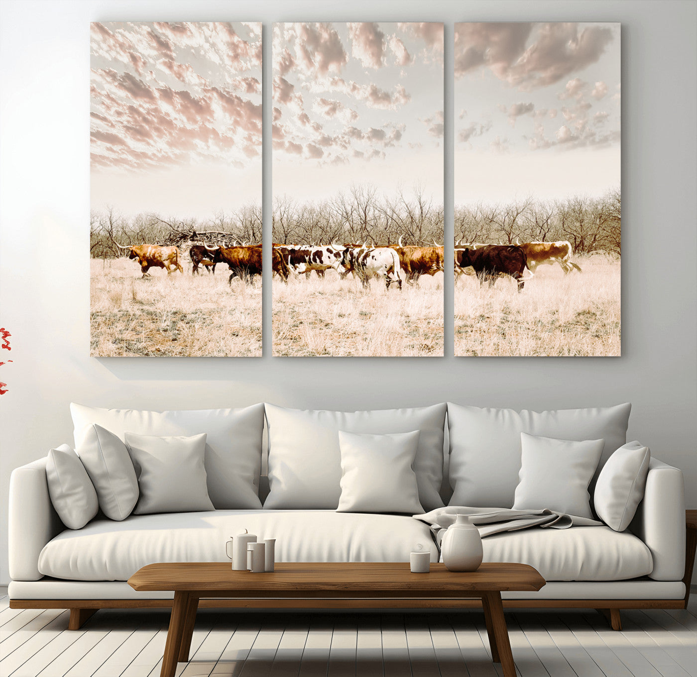 64892775-MGV-CV-36X24-Longhorn Cattle Wall Art Canvas Print – Framed Texas Ranch Scene with Western Cow Artwork for Home, Office