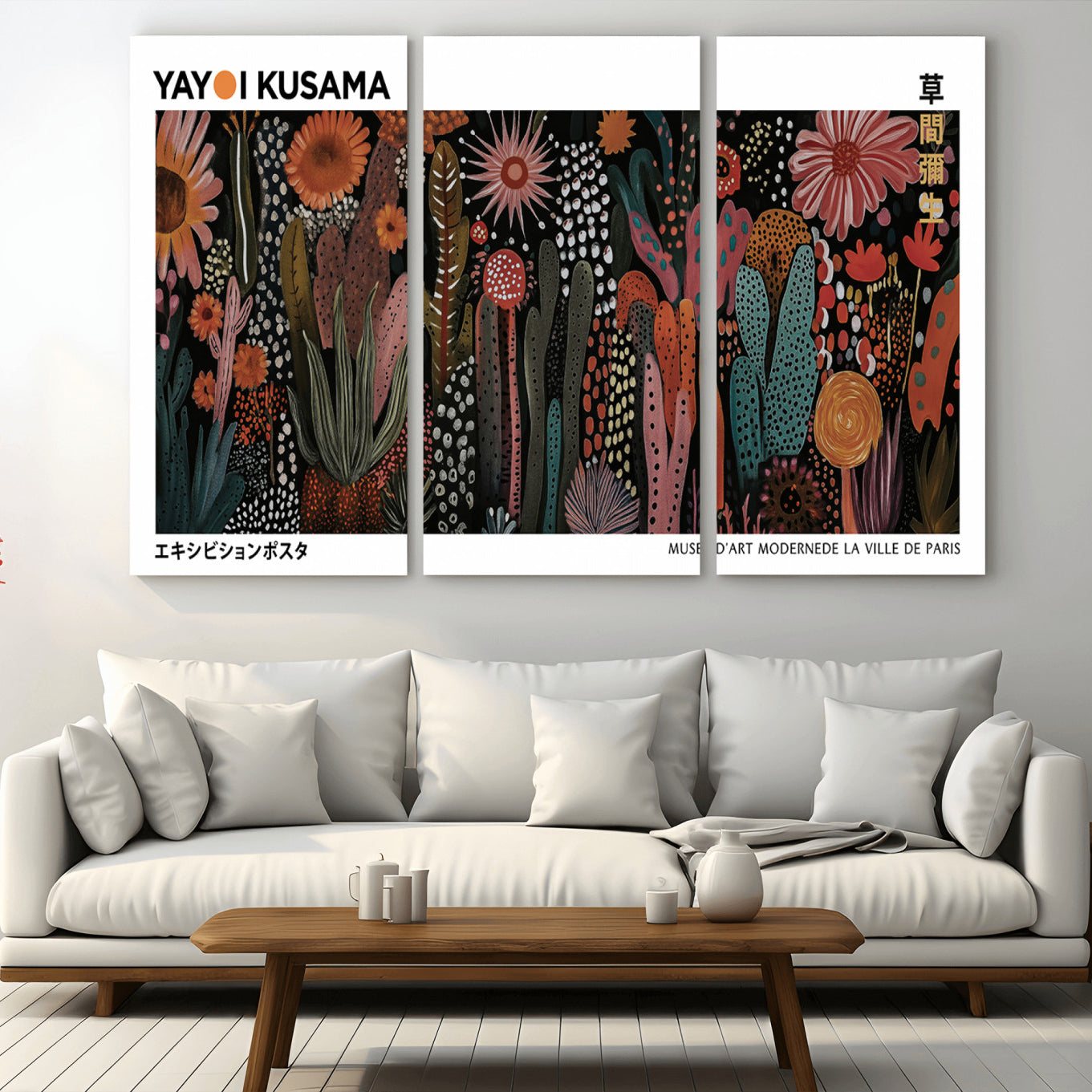 -Modern Japanese Wall Art Print, Framed Yayoi Kusama Artwork, Abstract Mount Fuji Canvas Print,