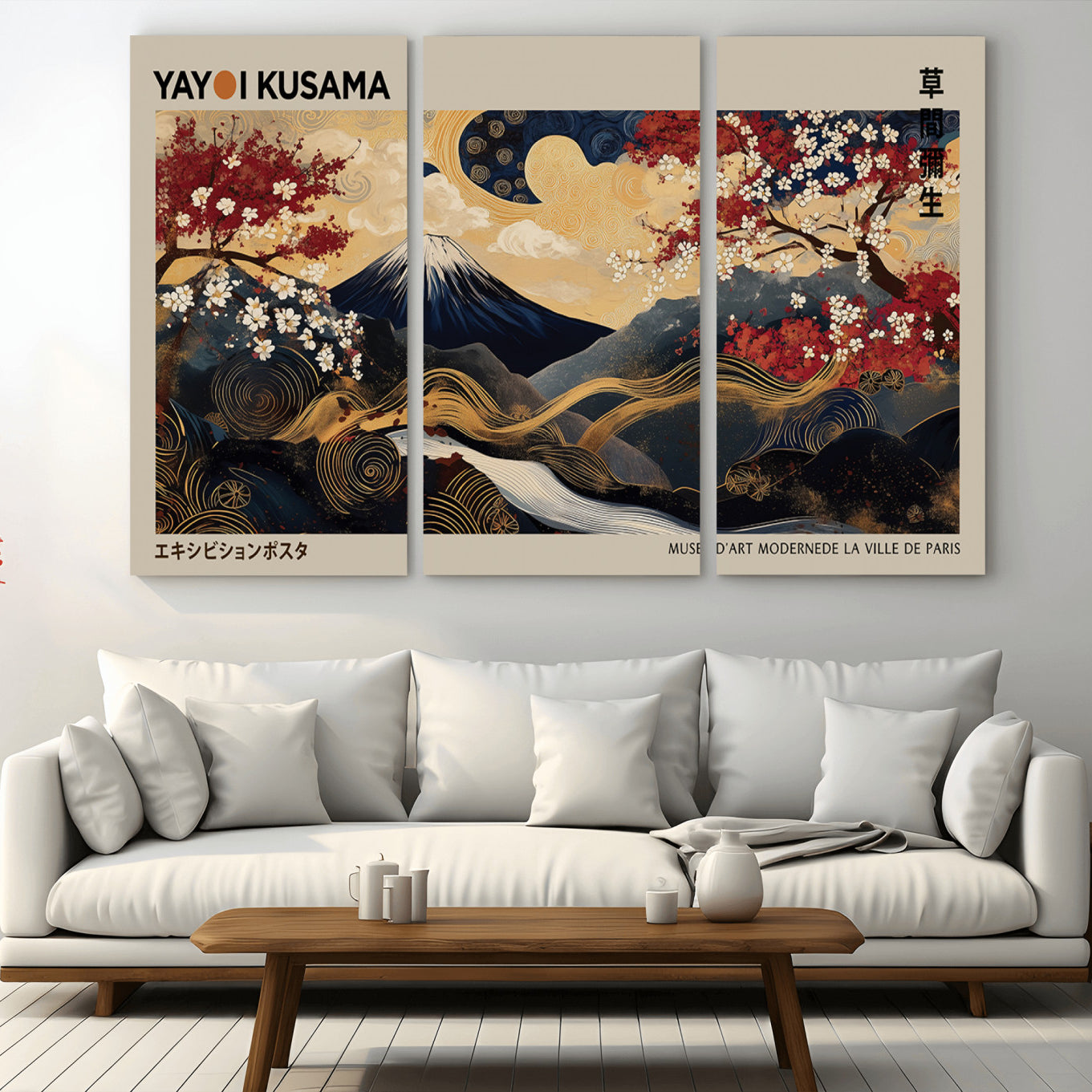54967195-MGV-CV-36X24-Modern Japanese Wall Art Canvas Print – Framed Abstract Mount Fuji Scene with Yayoi Kusama Japanese Artwork for Home, Office