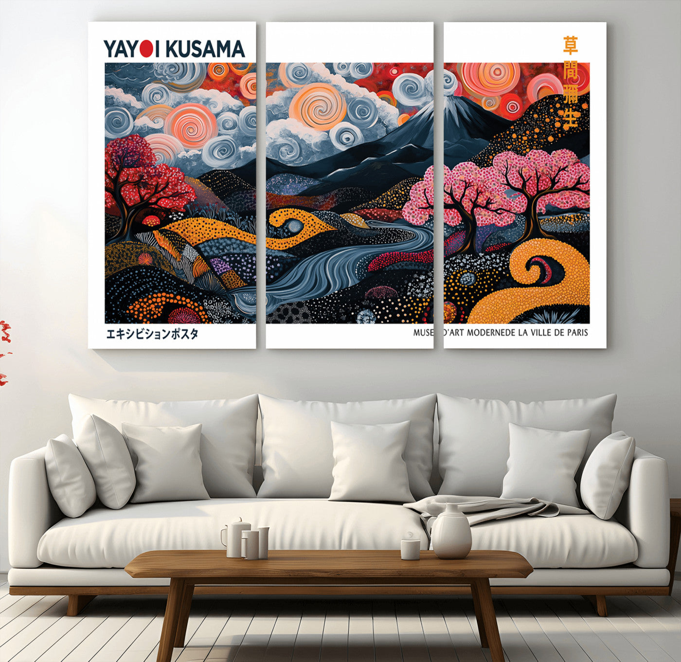 43879290-MGV-CV-36X24-Modern Japanese Wall Art Canvas Print – Framed Abstract Mount Fuji Scene with Yayoi Kusama Artwork for Home, Office