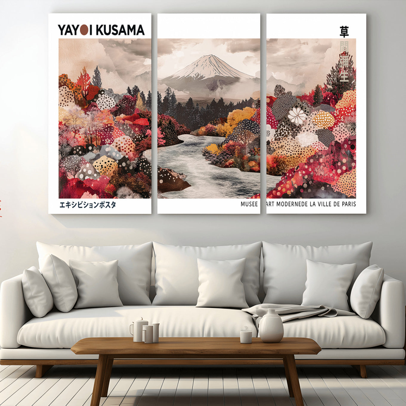 -Modern Japanese Wall Art Print, Yayoi Kusama Canvas Wall Art, Abstract Mount Fuji Art Canvas Print,