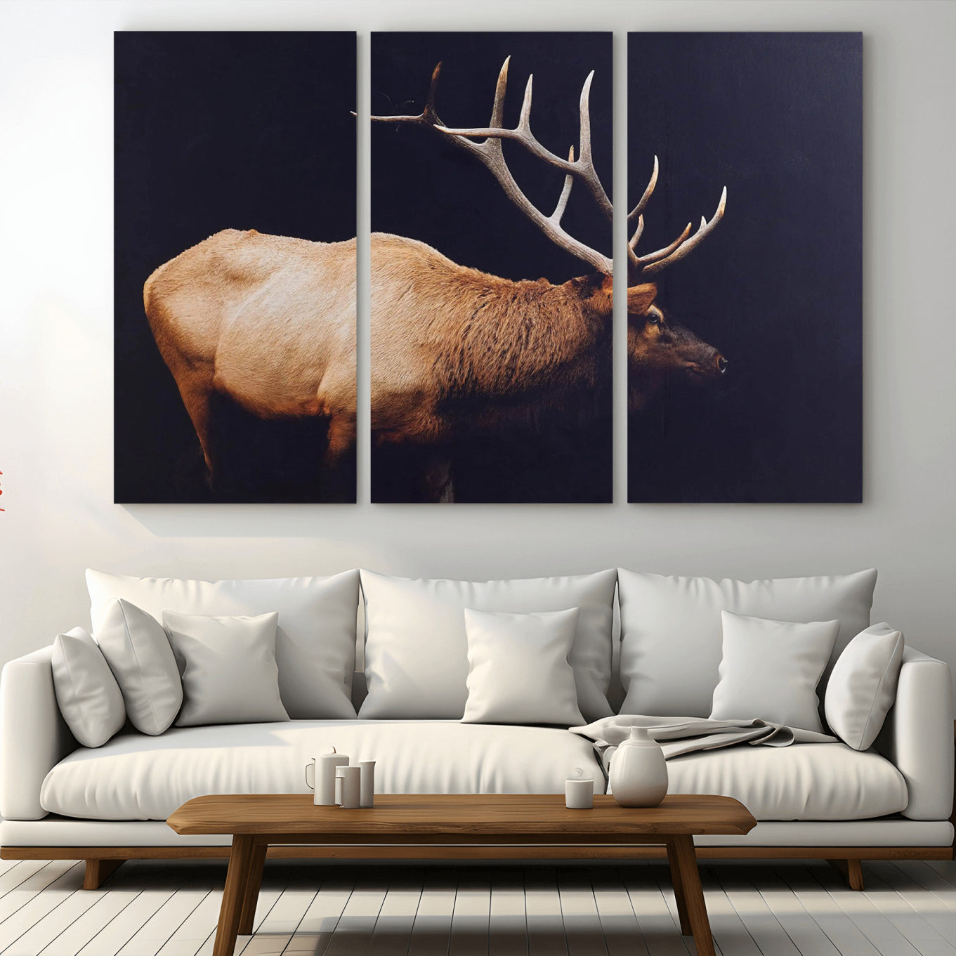 89239257-MGV-CV-48X32-3P - Rustic Elk Wall Art Canvas Print – Framed Moody Wildlife Art Picture Western Animal Artwork for Home, Office