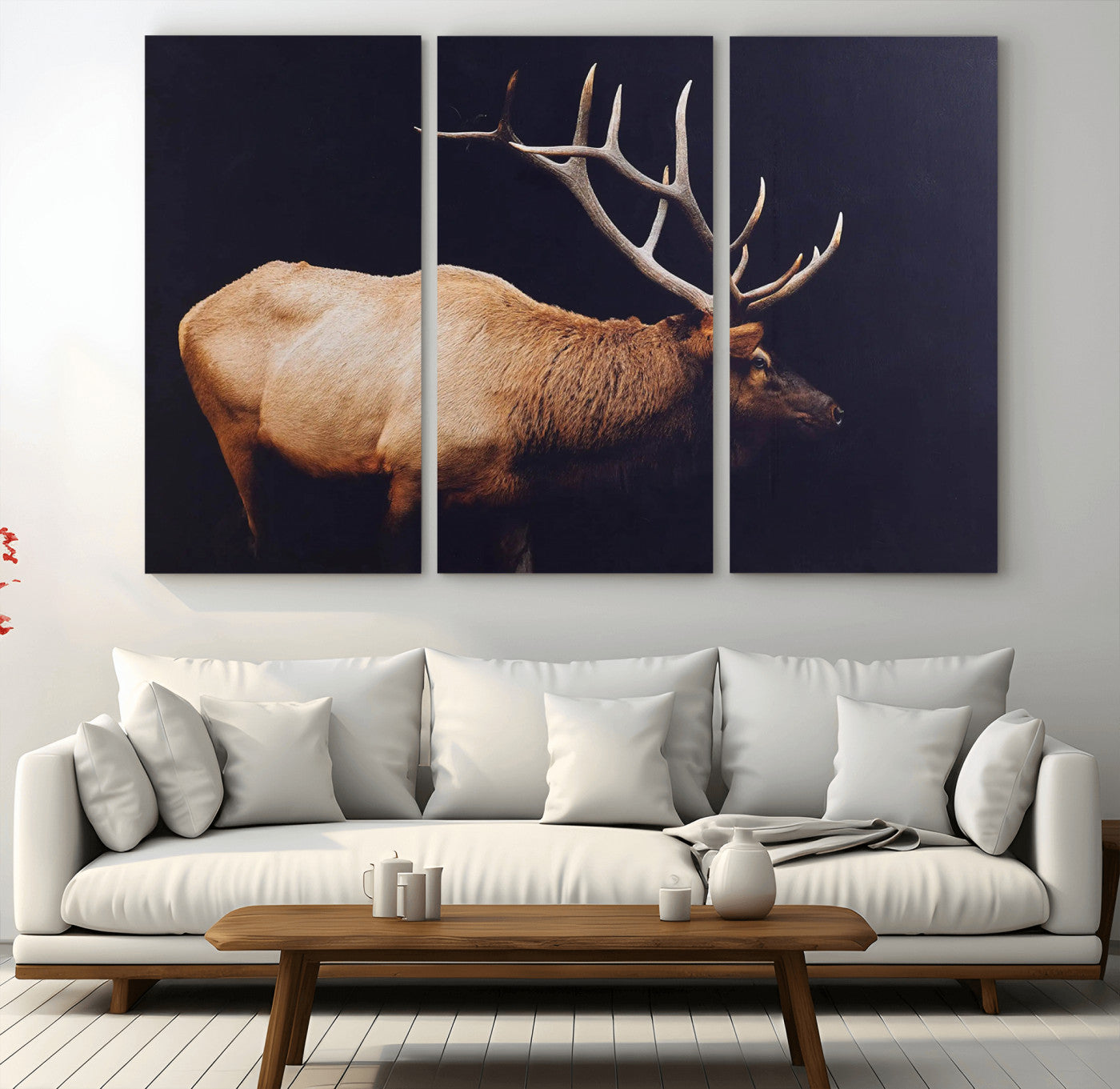 89239257-MGV-CV-48X32-3P - Rustic Elk Wall Art Canvas Print – Framed Moody Wildlife Art Picture Western Animal Artwork for Home, Office