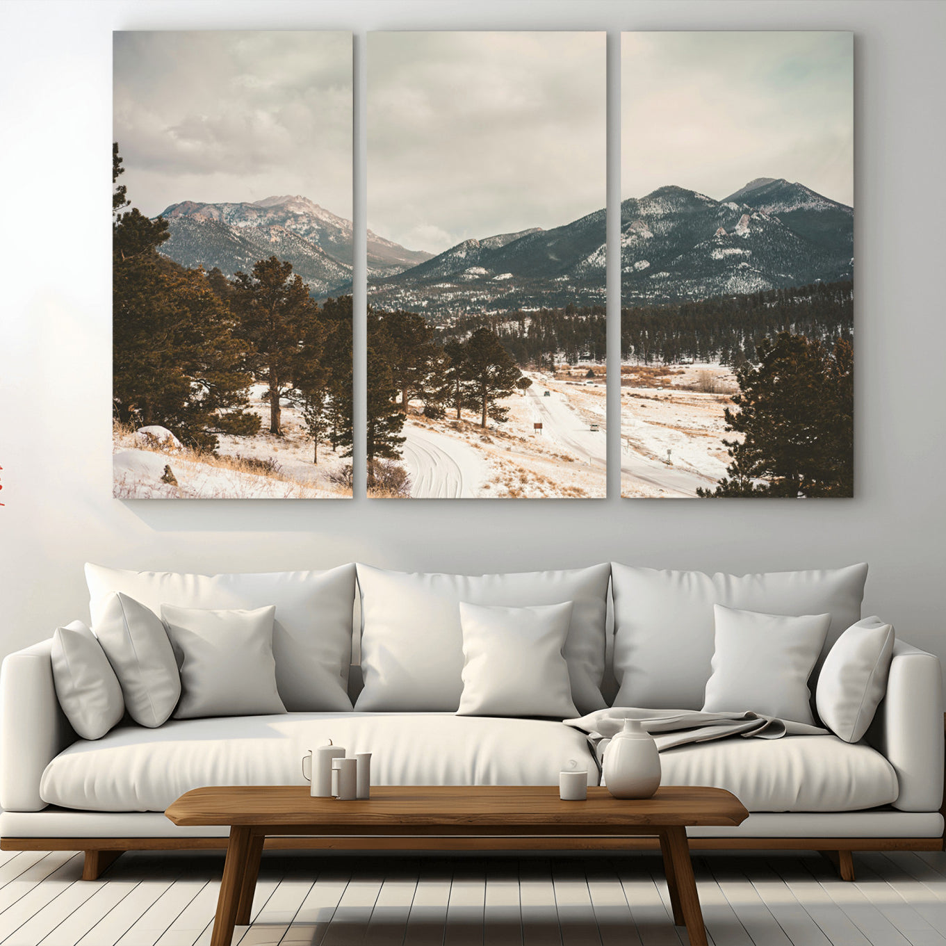 -Mountain Landscape Wall Art Canvas Print – Framed Snowy Peaks Alpine Aesthetic Rustic Winter Scene Artwork for Home Office