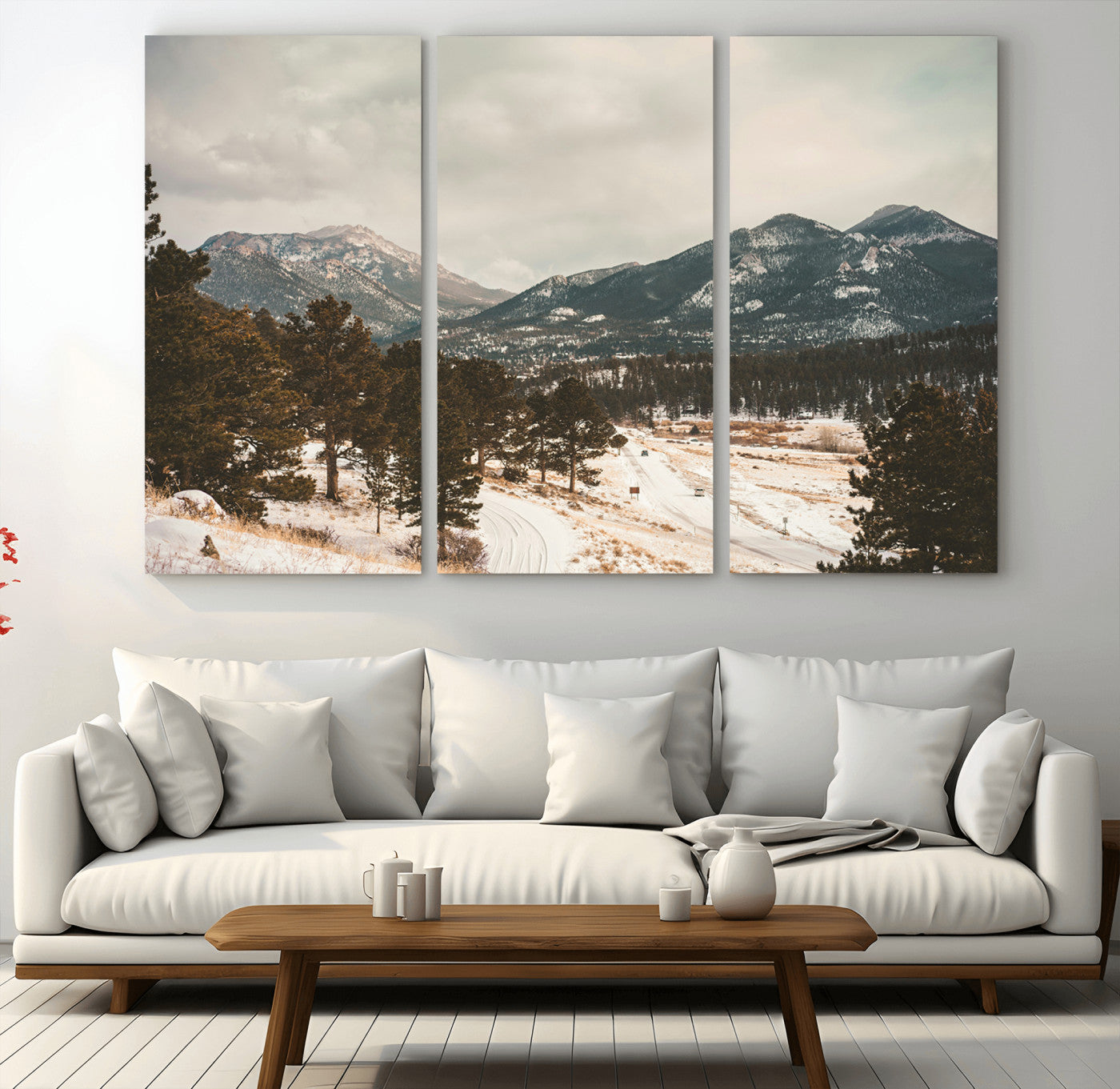 -Mountain Landscape Wall Art Canvas Print – Framed Snowy Peaks Alpine Aesthetic Rustic Winter Scene Artwork for Home Office