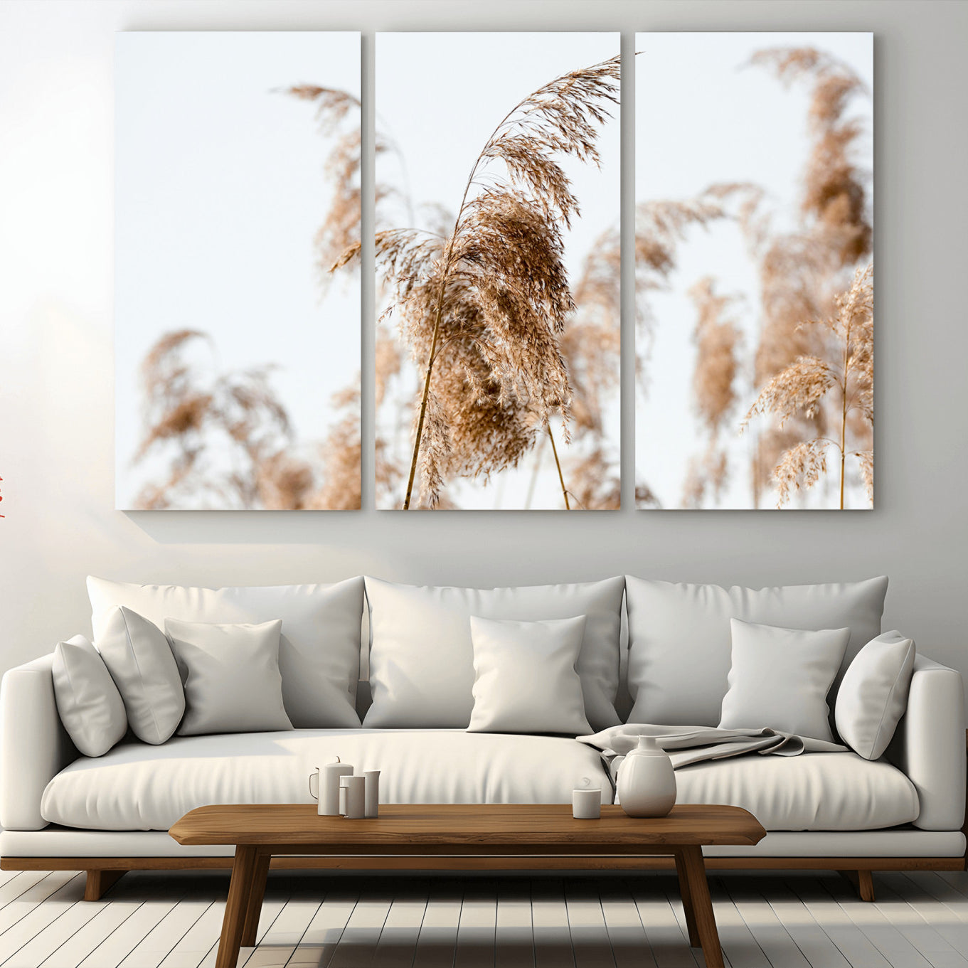 -Pampas Grass Wall Art Canvas Print – Framed Neutral Tones Minimalist Nature Boho Scene Artwork for Home Office