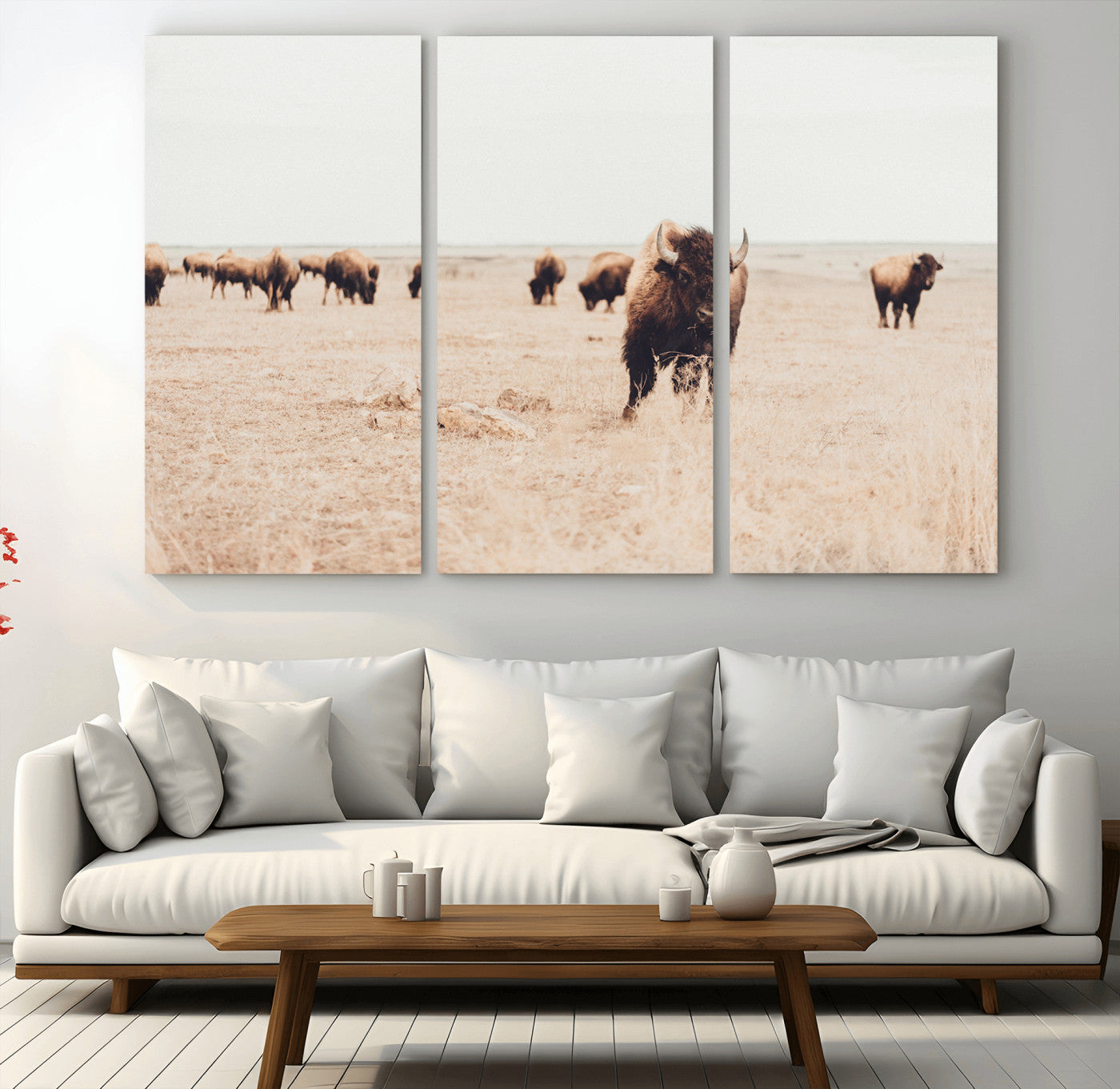 61367865-MGV-CV-36X24-Bison Herd Wall Art Canvas Print – Framed Western Prairie Serenity Ranch Nature Scene Artwork for Home Office