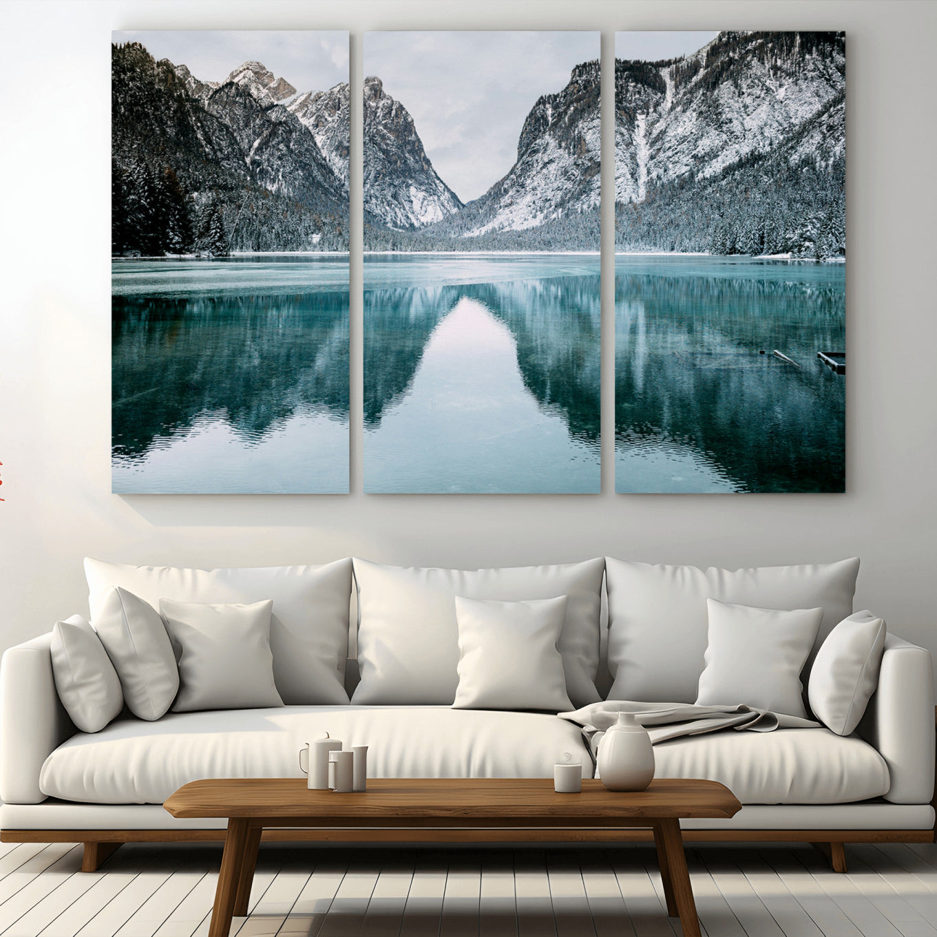 73098373-MGV-CV-36X24-Mountain Lake Wall Art Canvas Print – Framed Snowy Peaks Wonderland Nature Scene Artwork for Home Office