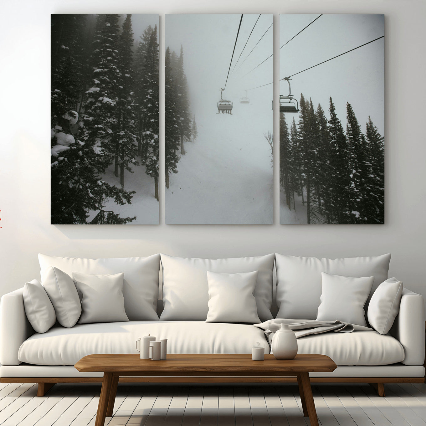 87018452-MGV-CV-36X24-Ski Lift Wall Art Canvas Print – Snowy Pines Misty Landscape Winter Serenity Artwork for Home, Office Decor