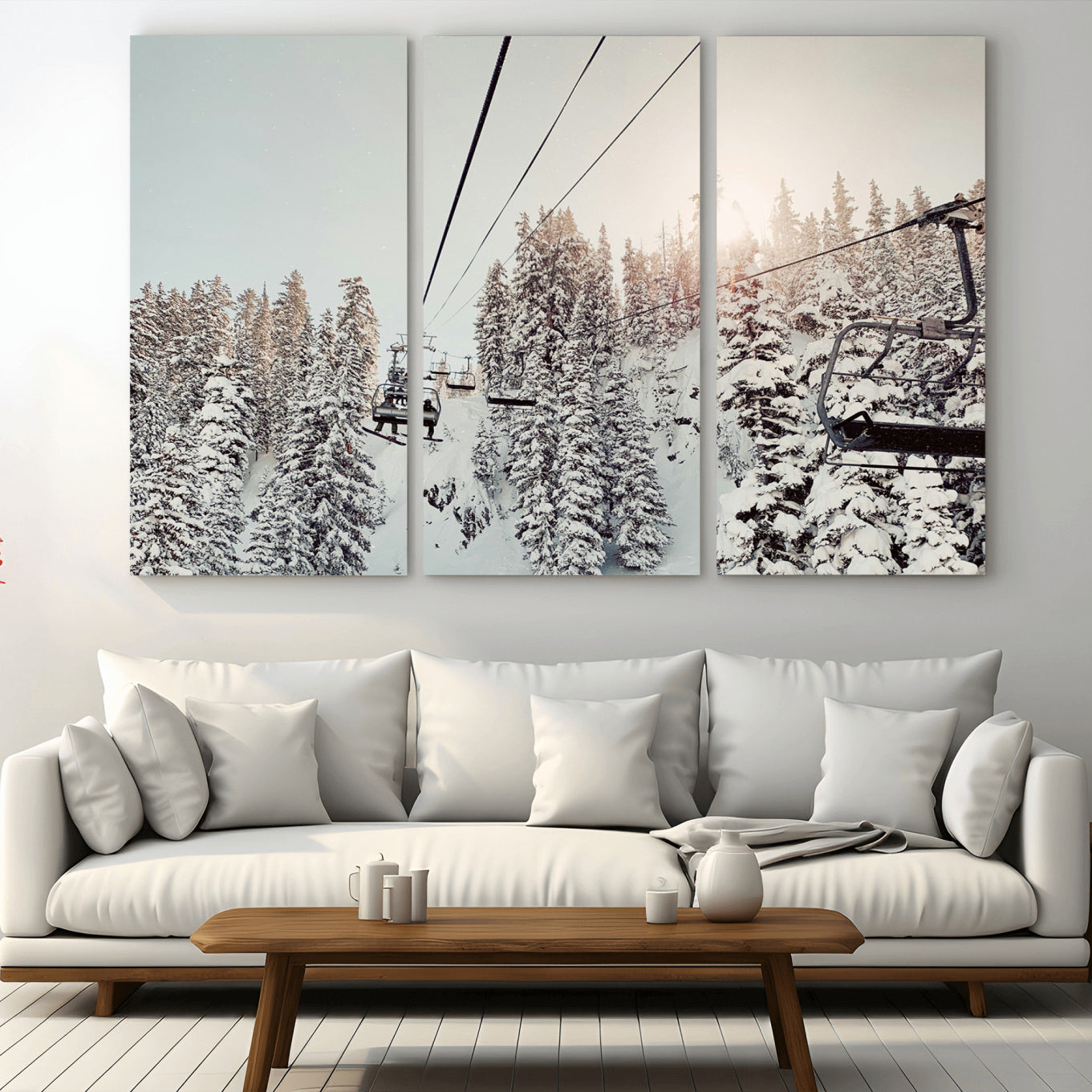 91534512-MGV-CV-36X24-Frosty Pines Wall Art Canvas Print – Framed Cozy Cabin Ski Lift Ride Winter Scene Artwork for Home Office