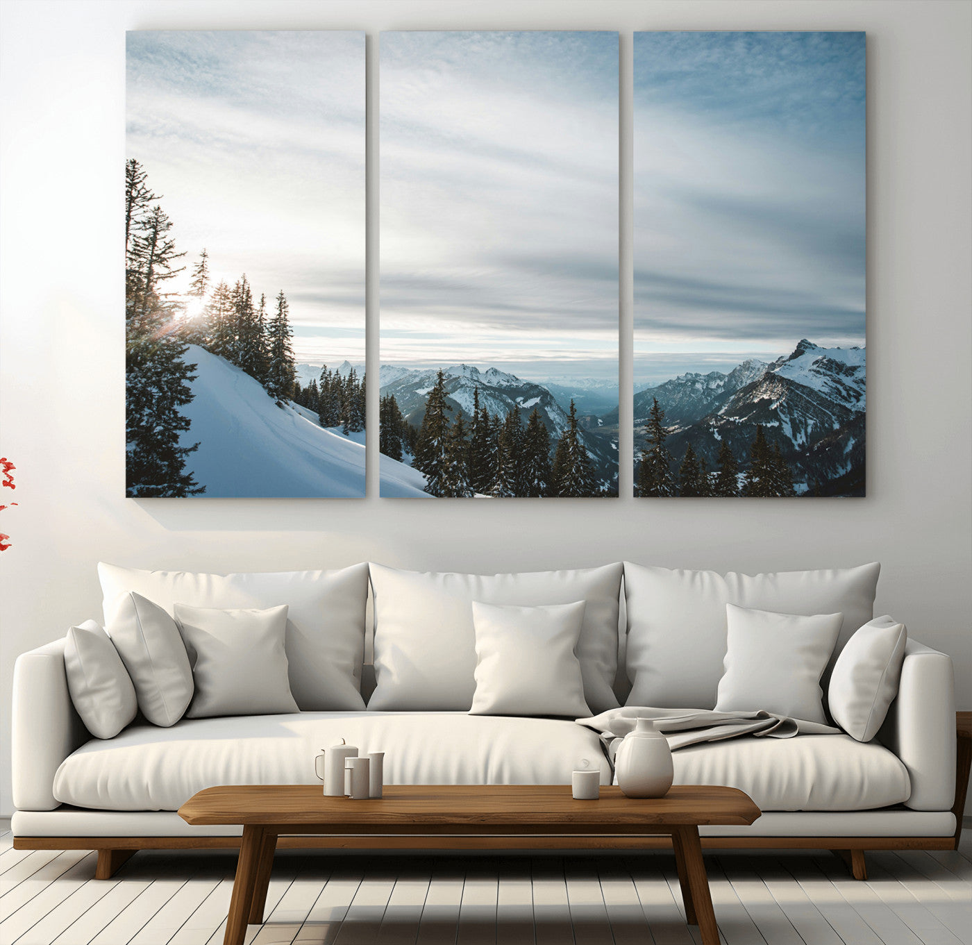 55564749-MGV-CV-36X24-Snowy Mountains Wall Art Canvas Print – Framed Alpine Landscape Frosty Peaks Nordic Minimalist Nature Artwork for Home, Office