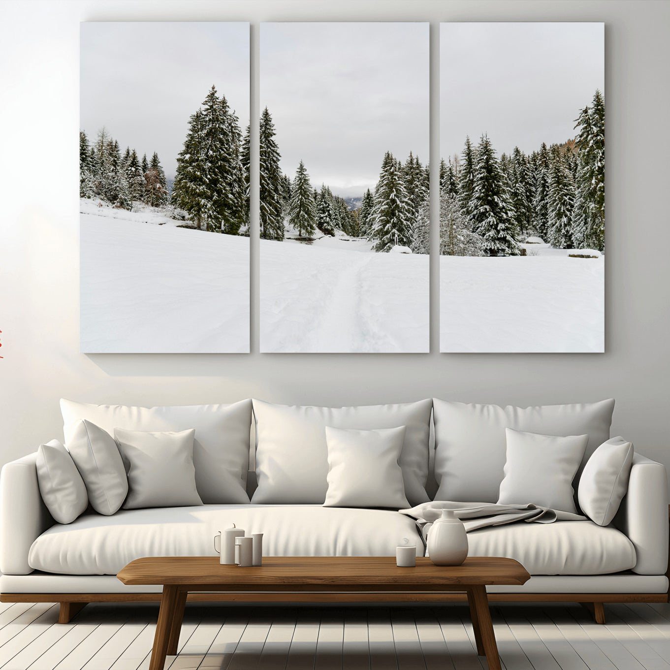 24581417-MGV-CV-36X24-Frosty Pines Wall Art Canvas Print – Framed Silent Snowfall Cozy Cabin Nordic Minimalist Winter Landscape Artwork for Home, Office