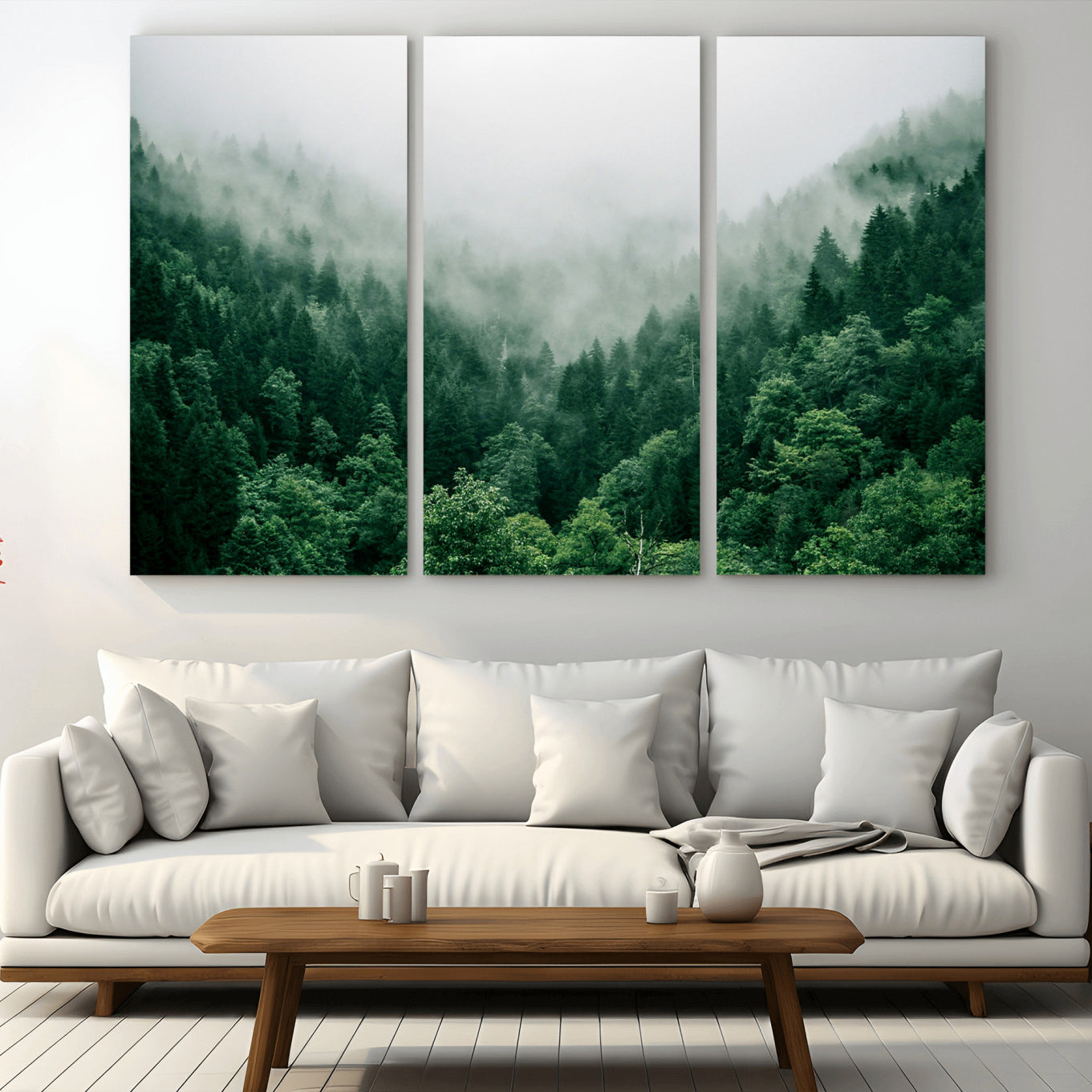 45265379-MGV-CV-36X24-Misty Green Forest Canvas Print – Framed Serene Foggy Pine Landscape Tranquil Nature Wall Art for Home, Office