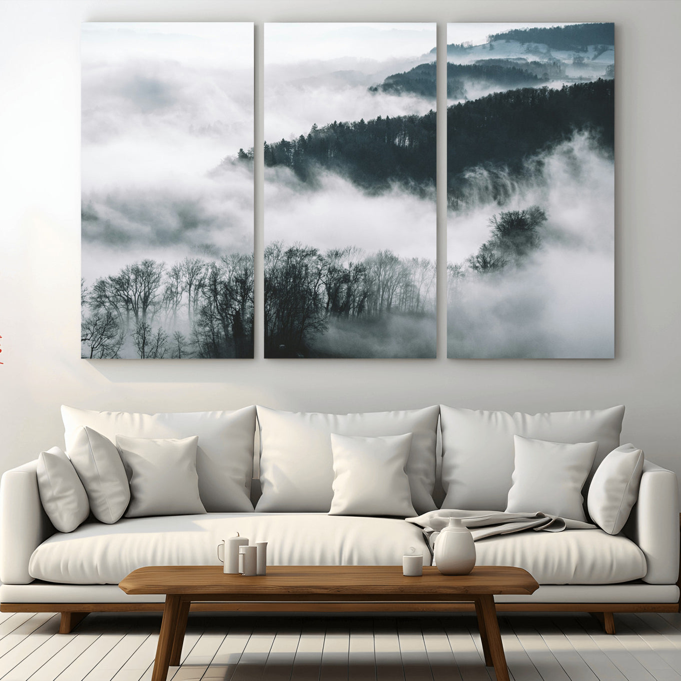 67569654-MGV-CV-36X24-Foggy Forest Landscape Wall Art Canvas Print – Misty Mountain Valley Scene Monochrome Tones Nature Artwork for Home Office