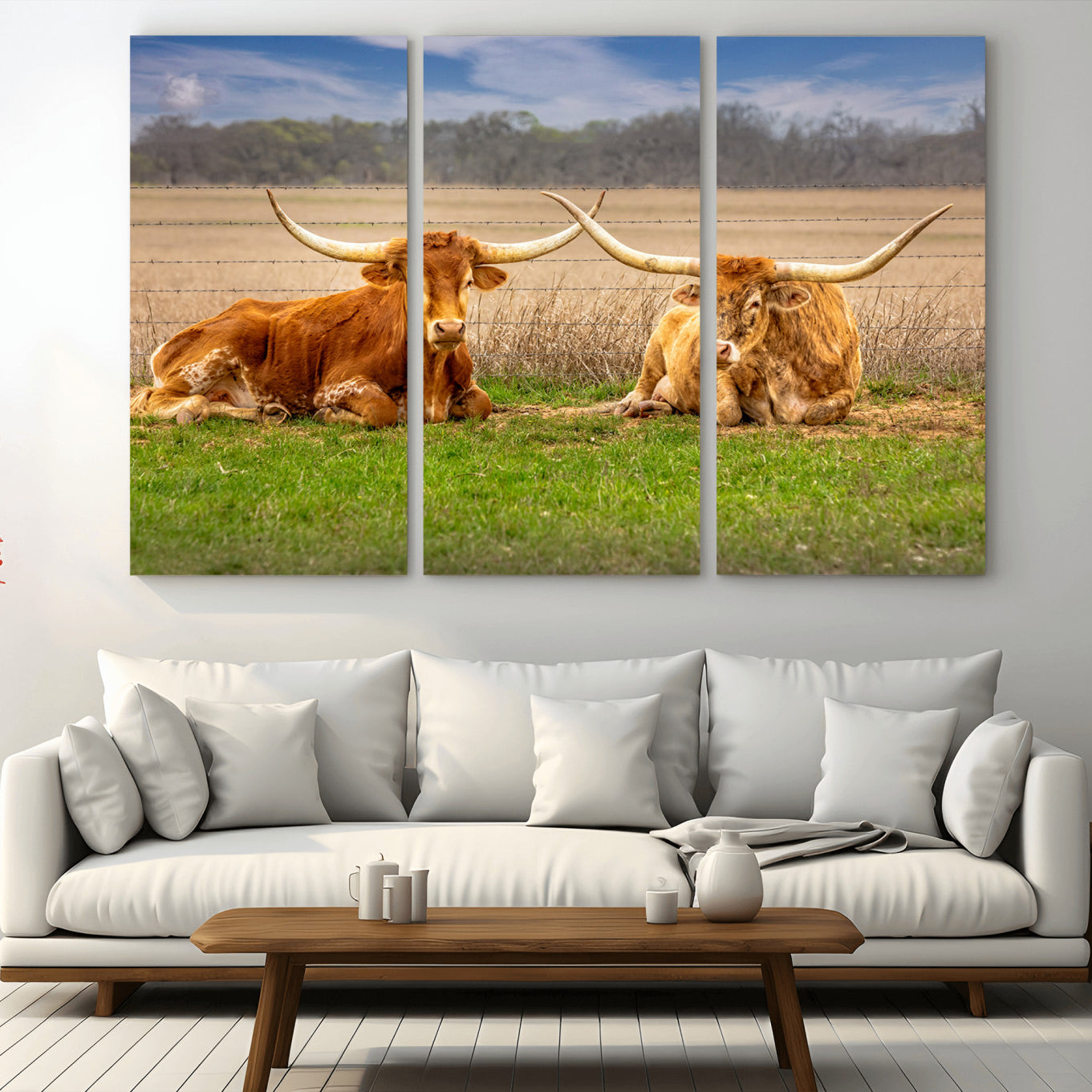 -Texas Longhorn Pair Wall Art Canvas Print – Peaceful Rustic Ranch Scene with Two Cattle Field Western Artwork for Home Office