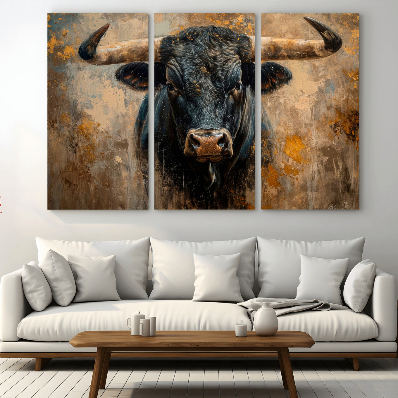 91615410-MGV-CV-36X24 - Abstract Texas Longhorn Bull Wall Art – Rustic Farmhouse Canvas Print, Western Cabin Style Decor, Large Animal Artwork for Living Room or Office