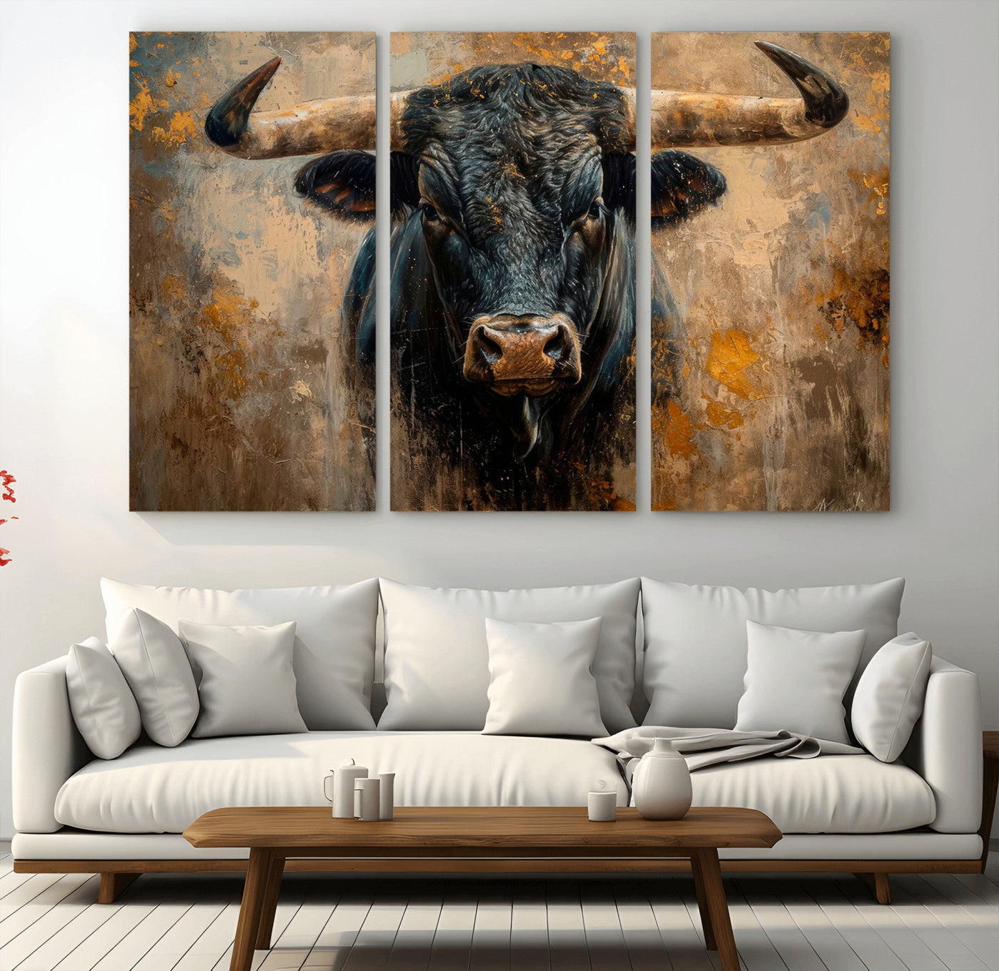 91615410-MGV-CV-36X24 - Abstract Texas Longhorn Bull Wall Art – Rustic Farmhouse Canvas Print, Western Cabin Style Decor, Large Animal Artwork for Living Room or Office