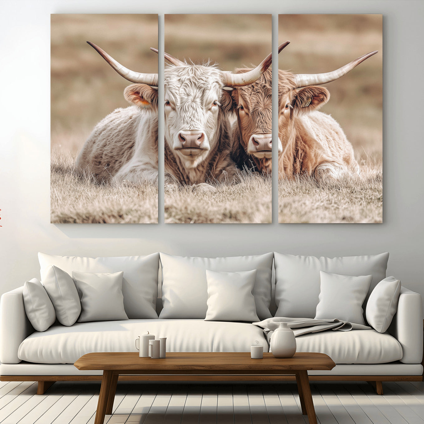 38651722-MGV-CV-36X24 - Highland Cows Meadow Canvas Wall Art – Peaceful Cow Photography Print, Rustic Farmhouse Animal Decor for Country Home, Living Room, Office