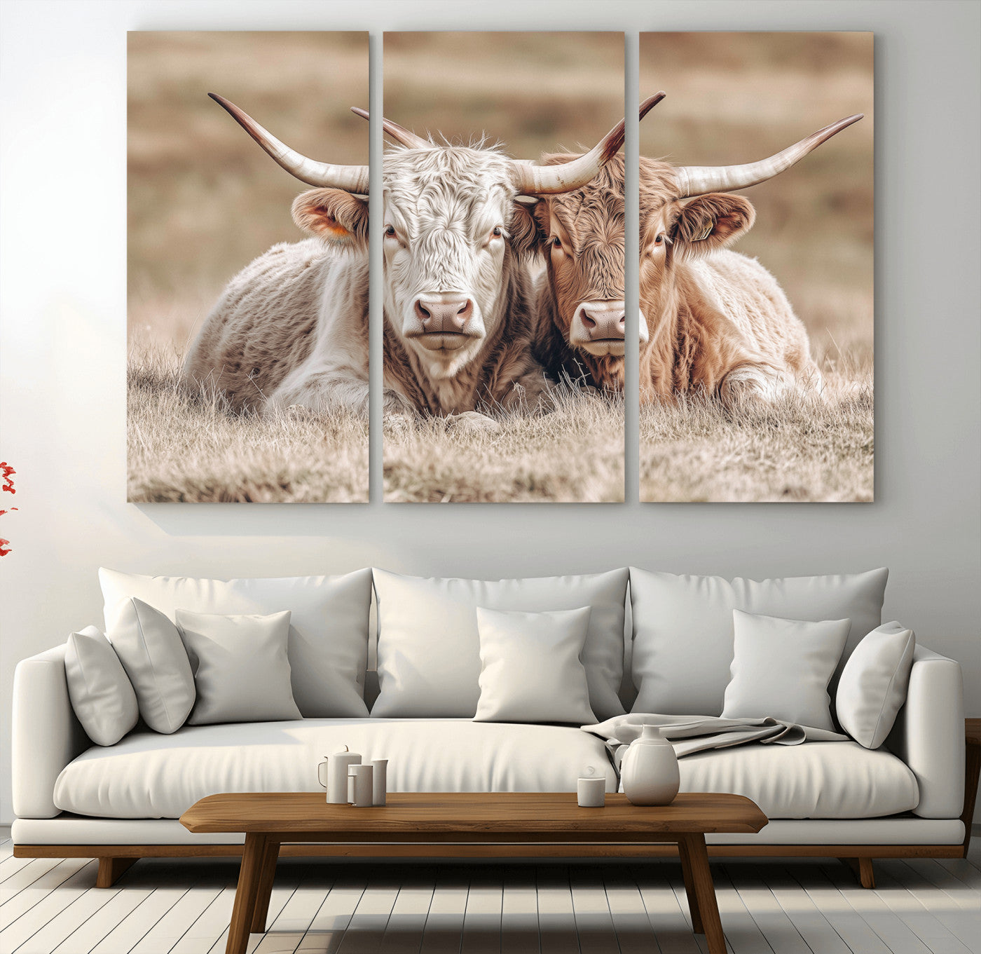 38651722-MGV-CV-36X24 - Highland Cows Meadow Canvas Wall Art – Peaceful Cow Photography Print, Rustic Farmhouse Animal Decor for Country Home, Living Room, Office
