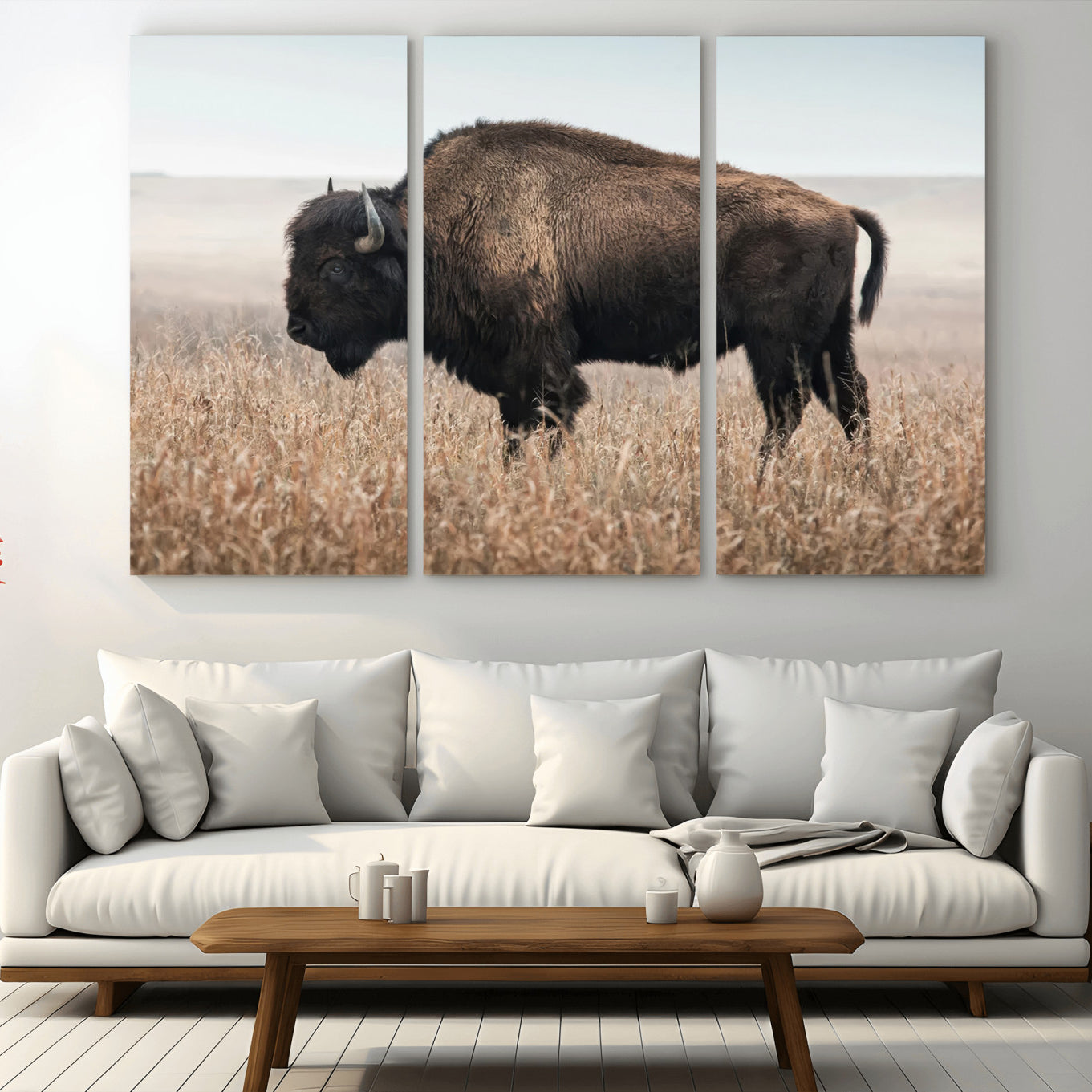 -American Bison Field Wall Art Canvas Print – Majestic Buffalo Grazing Wide Open Plains Wildlife Artwork for Home, Office