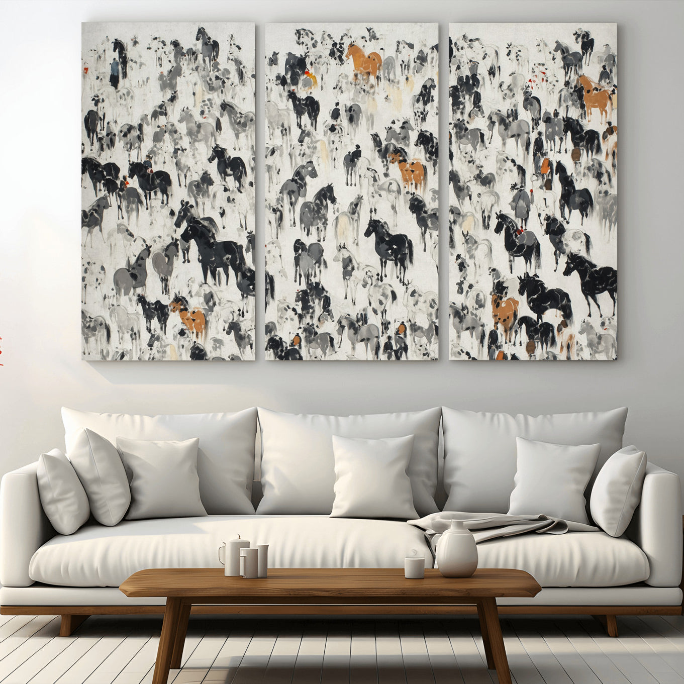 56463722-MGV-CV-36X24-Wild Horse Stampede Wall Art Canvas Print – Monochrome Running Horses Dynamic Motion Elegant Scene Artwork for Home, Office