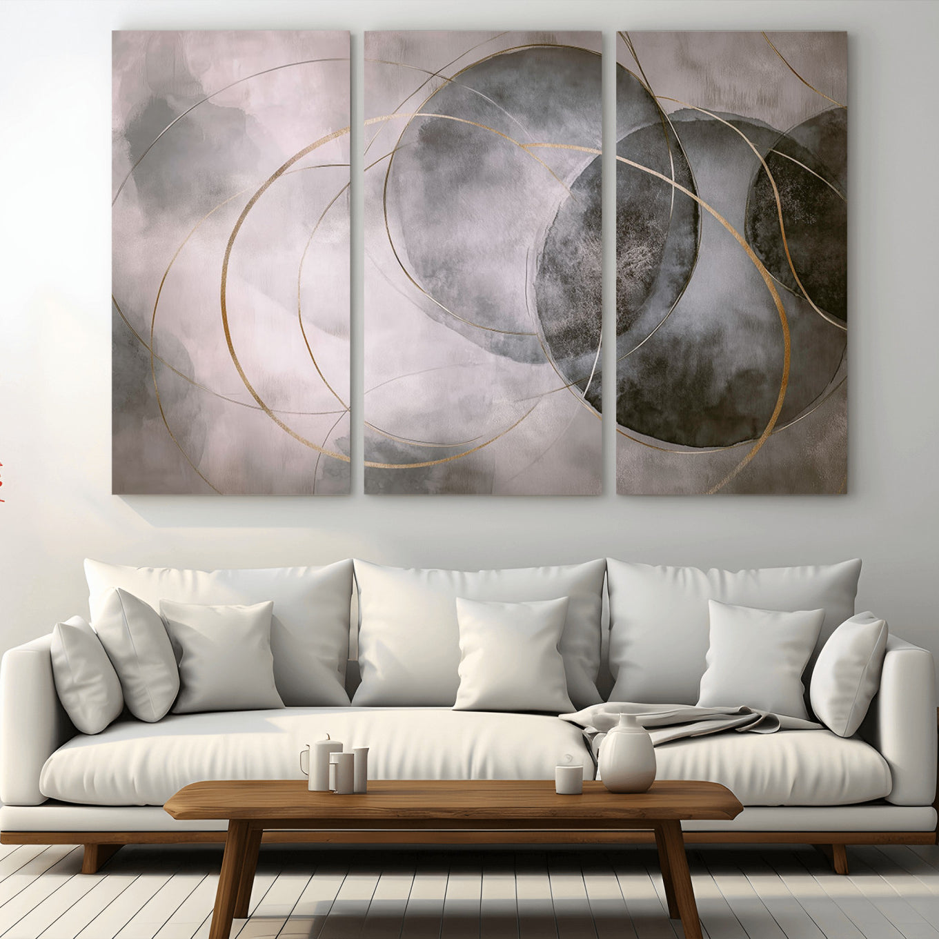 20066876-MGV-CV-36X24-Abstract Grey Gold Circle Wall Art – Modern Geometric Canvas Artwork, Minimal Elegant Design, Luxury Wall Decor for Home, Office