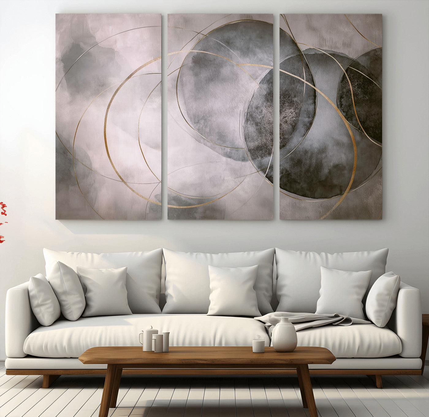 20066876-MGV-CV-36X24-Abstract Grey Gold Circle Wall Art – Modern Geometric Canvas Artwork, Minimal Elegant Design, Luxury Wall Decor for Home, Office