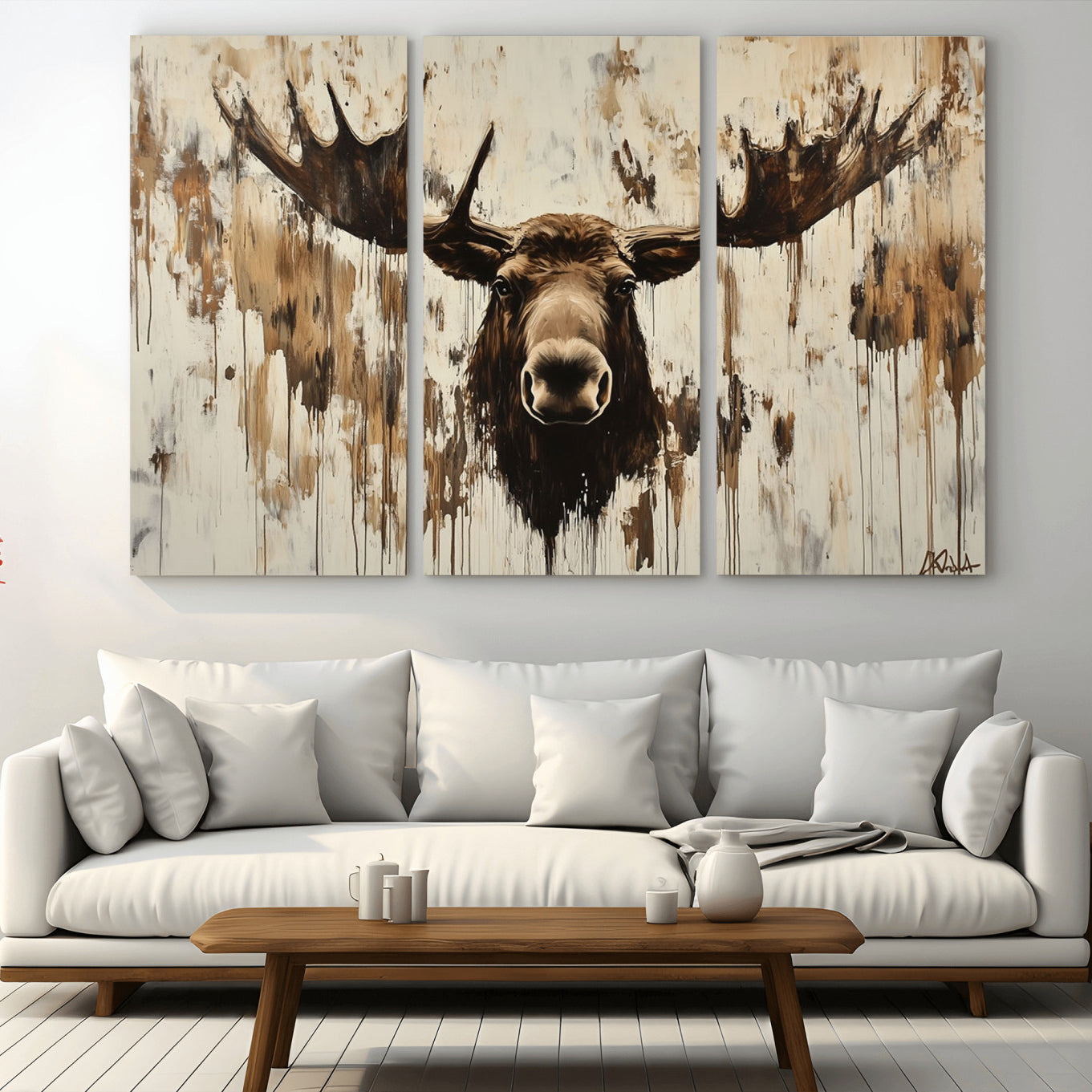 34496536-MGV-CV-36X24 - Powerful Moose Portrait Wall Art – Rich Earthy Tones, Expressive Brushstrokes, Striking Gaze, Raw Nature Vibes Decor for Home or Office