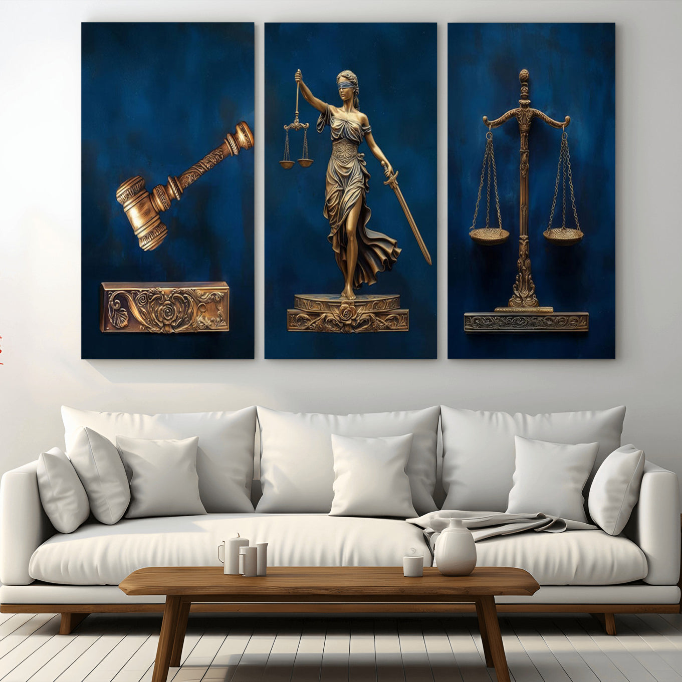 91629053-MGV-CV-36X24-Lady Justice Wall Art Canvas Print – Elegant Gold Legal Symbols Blue Background Artwork for Home, Office, Living Room