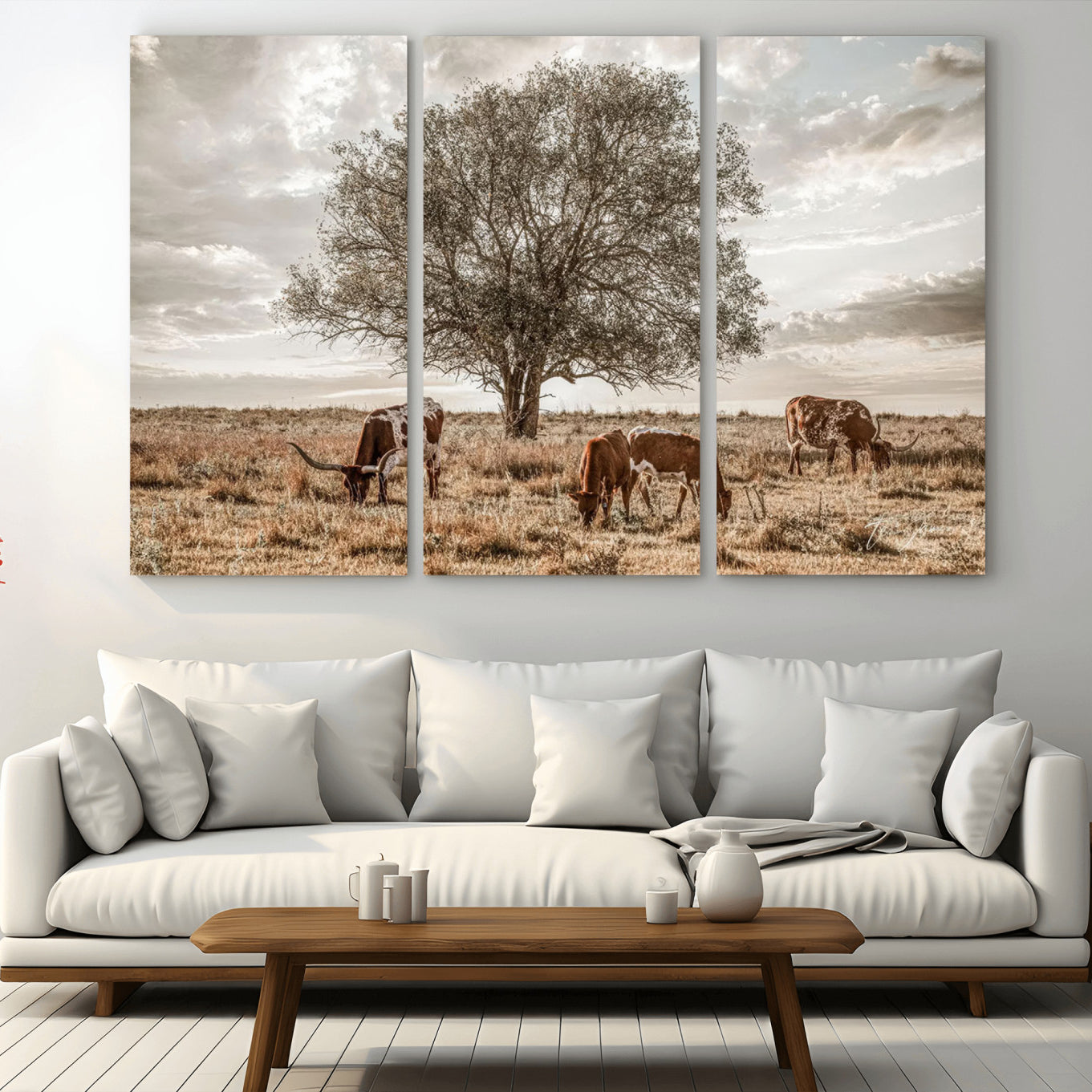 Texas Longhorn Cattle Wall Art Canvas Print – Rustic Western Ranch Scene with Steers at Sunset, Perfect for Farmhouse or Cowboy Decor
