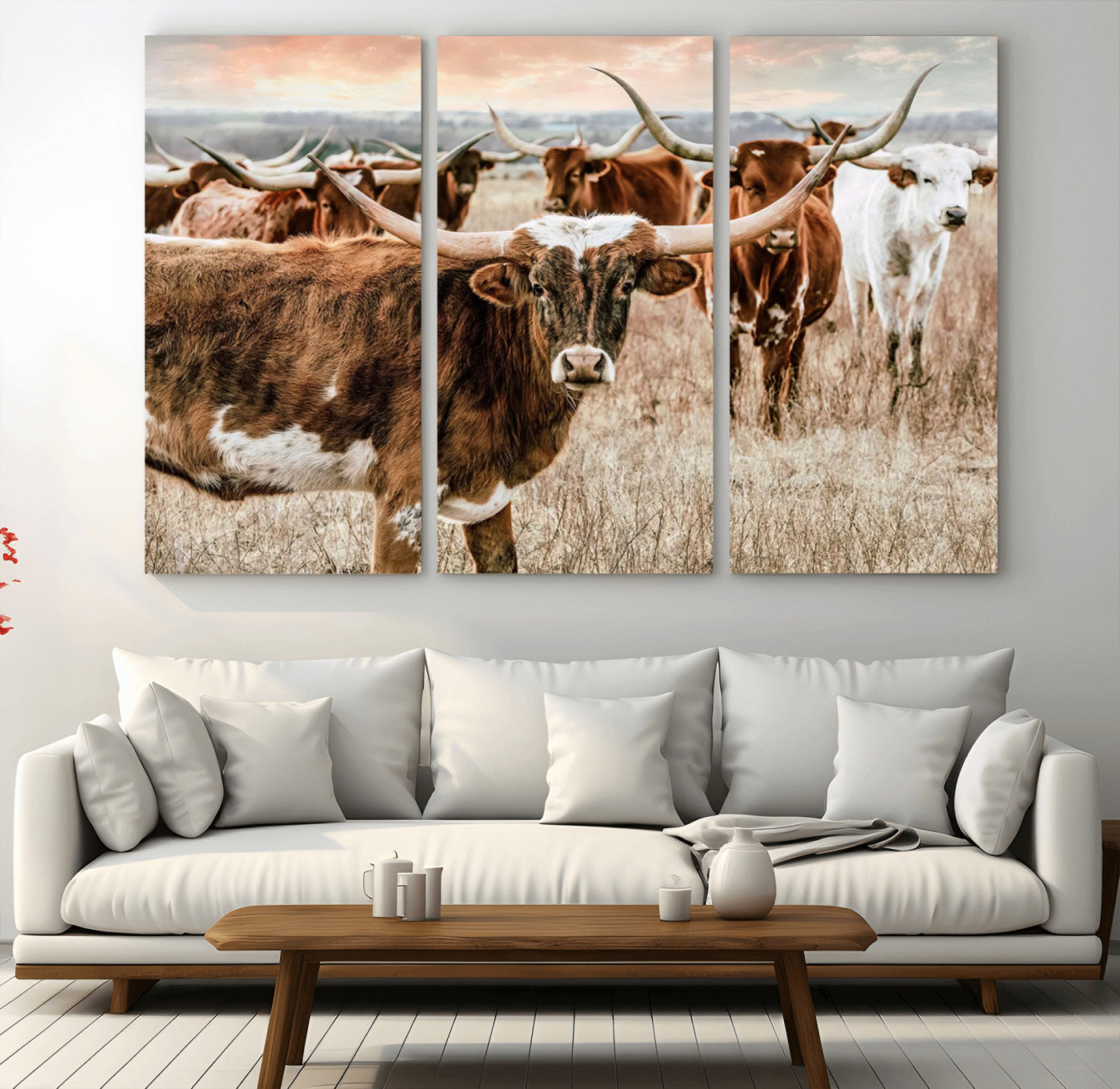 47758300-MGV-CV-36X24-Texas Longhorn Cattle Wall Art Canvas Print – Rustic Western Ranch Scene with Steers Sunset for Home, Office