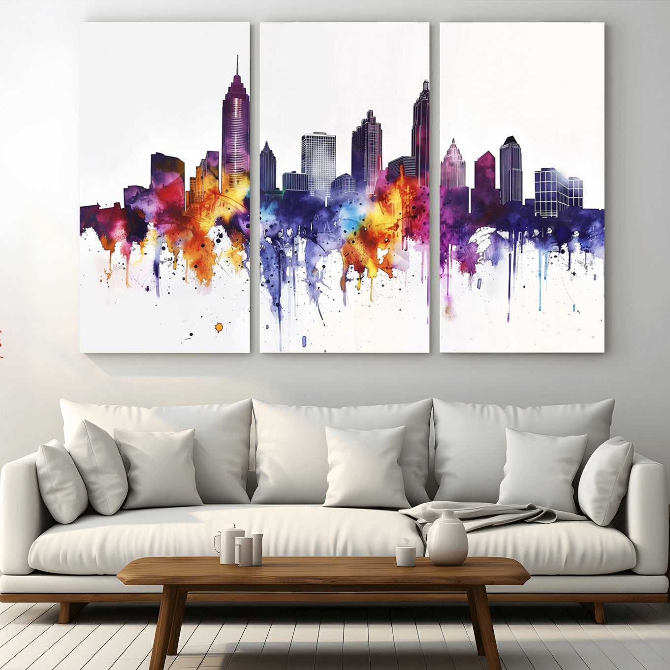 34479880-MGV-CV-36X24-Atlanta Skyline Wall Art Canvas Print – Framed Colorful Watercolor Cityscape Artwork for Home, Office, Living Room